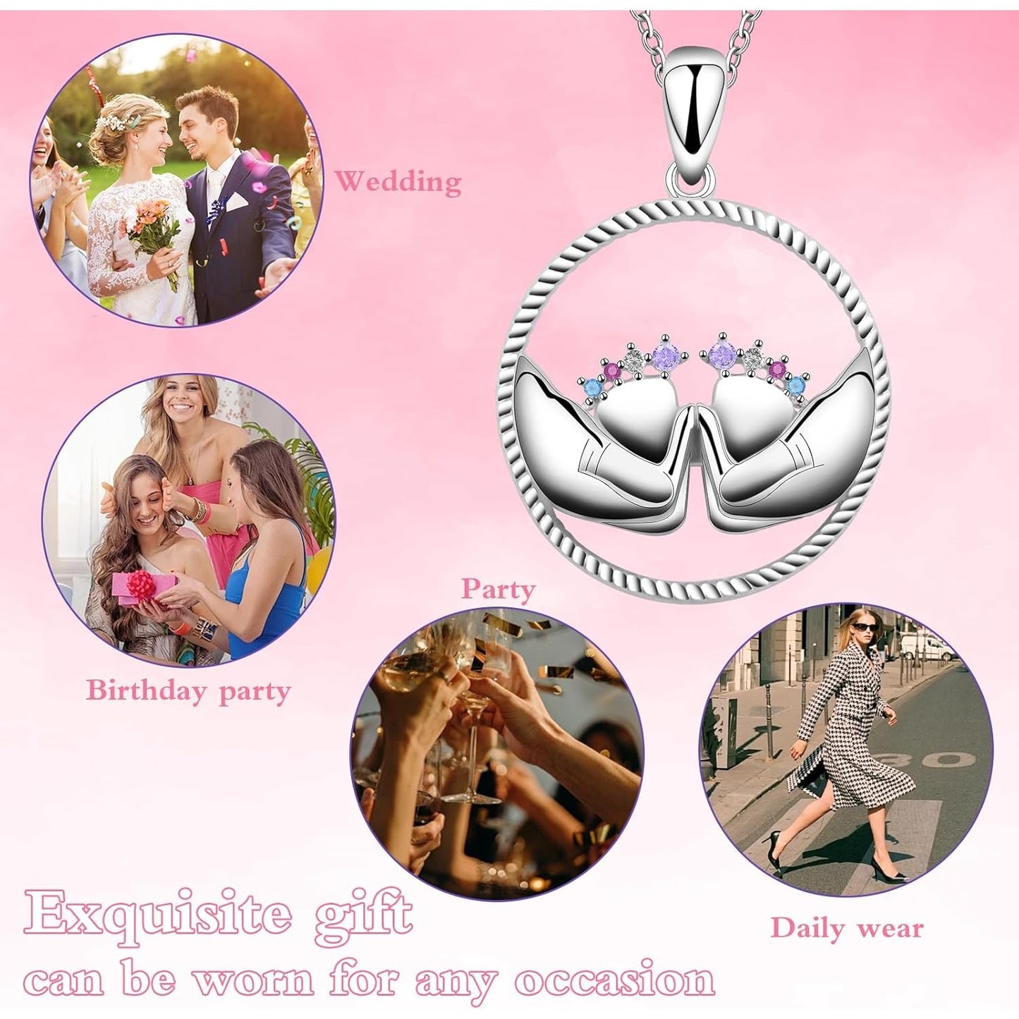 Mother Necklace 925 Sterling Silver Round Feet Mom Hold Feet Pendant Necklace with Colorful Cubic Zirconia Mother's Day Gifts for New Mom Wife