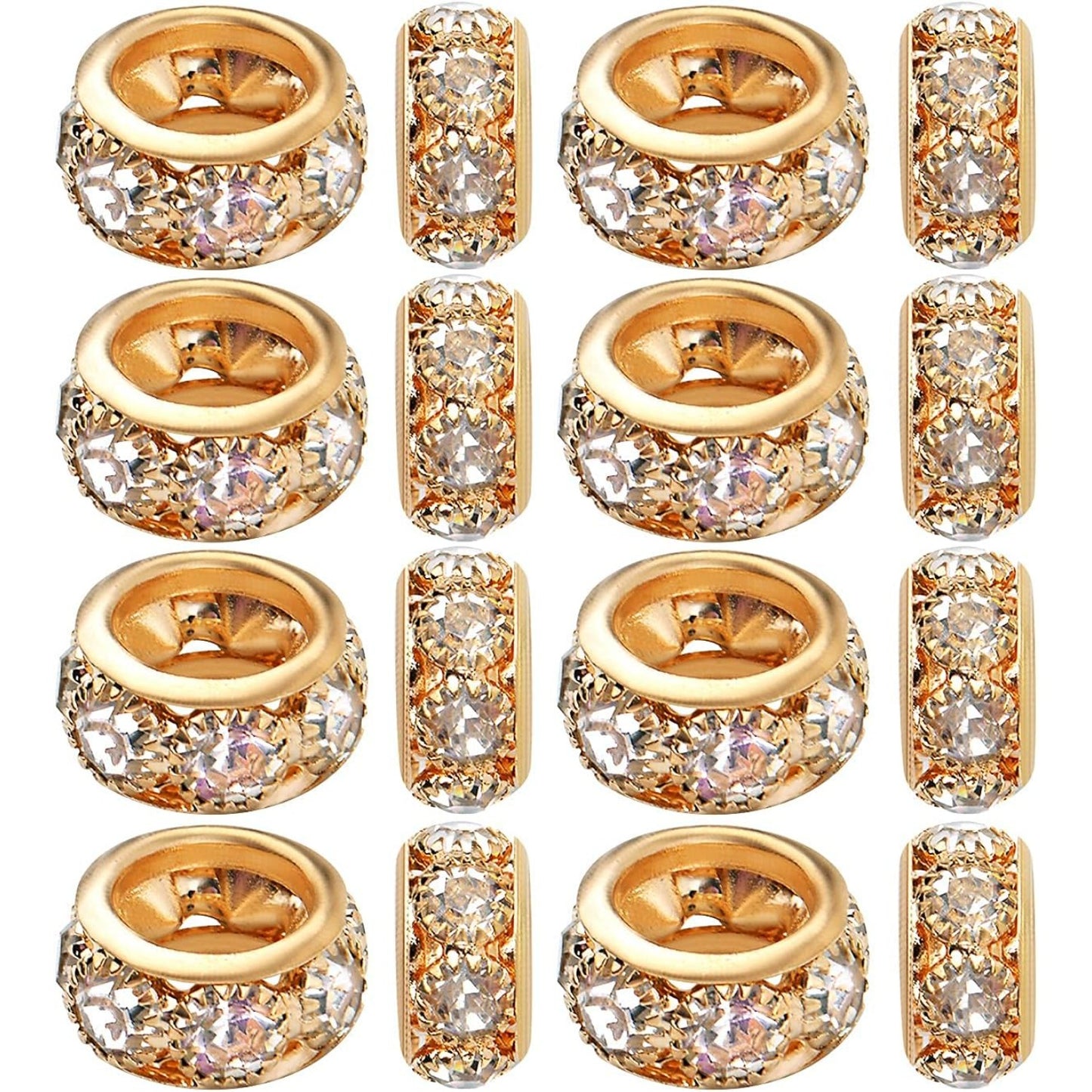 European Rhinestone Spacer Beads, 40pcs Gold Plated Crystal Rondelle Beads Brass Round Loose Beads with 6 mm Large Hole for DIY Jewelry Making Christmas Party Birthday Ornament, 10 mm x 5 mm