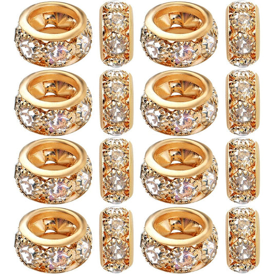 European Rhinestone Spacer Beads, 40pcs Gold Plated Crystal Rondelle Beads Brass Round Loose Beads with 6 mm Large Hole for DIY Jewelry Making Christmas Party Birthday Ornament, 10 mm x 5 mm