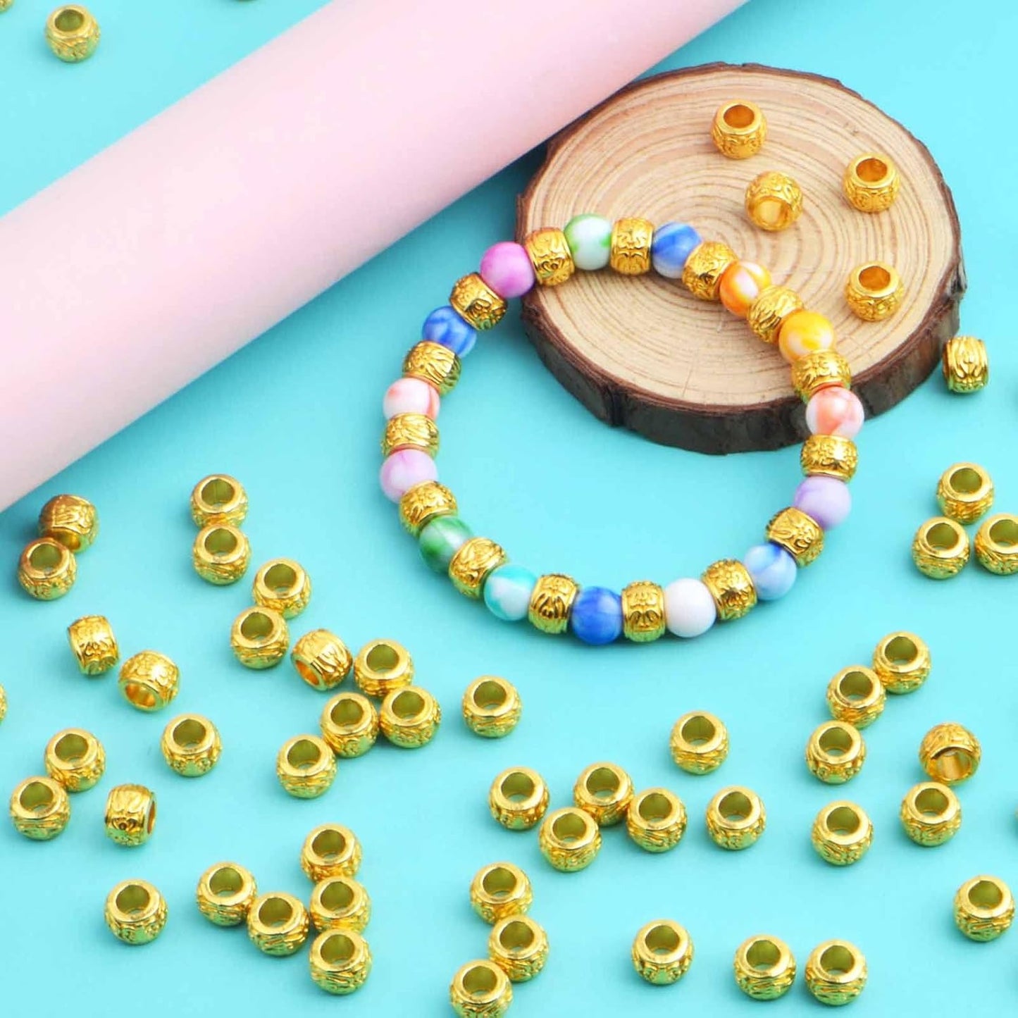 100pcs Bright Golden Rondelle Spacer Beads European Large Hole Tube Column Loose Accessories for DIY Bracelet Necklace Jewelry Making, Hole: 4.5 mm