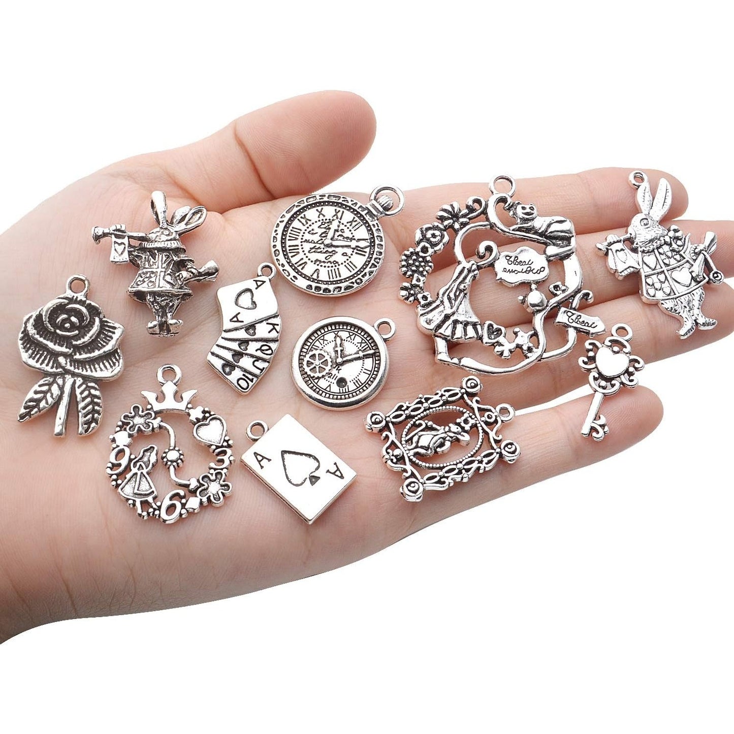 40pcs Antique Silver Alice in Wonderland Charm Alloy Tales Tea Party Steampunk Victorian Necklace Bracelet Charms Pendants for DIY Jewelry Making Crafts Supplies