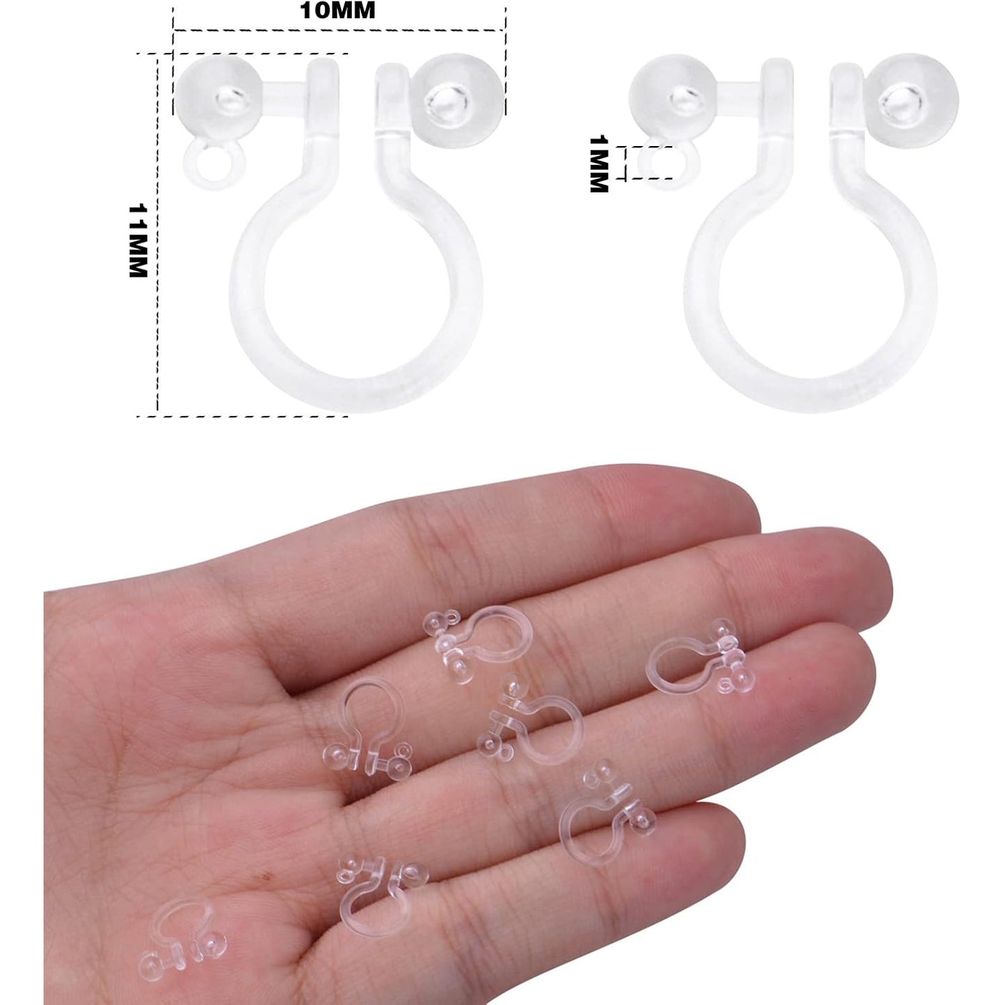 20pcs Clear Resin Invisible Clip-on Earring Converter Components Comfortable Earring Clips Replacements with 1 mm Loop Hole for Women Men Non-Pierced Ears, 10 mm x 11 mm