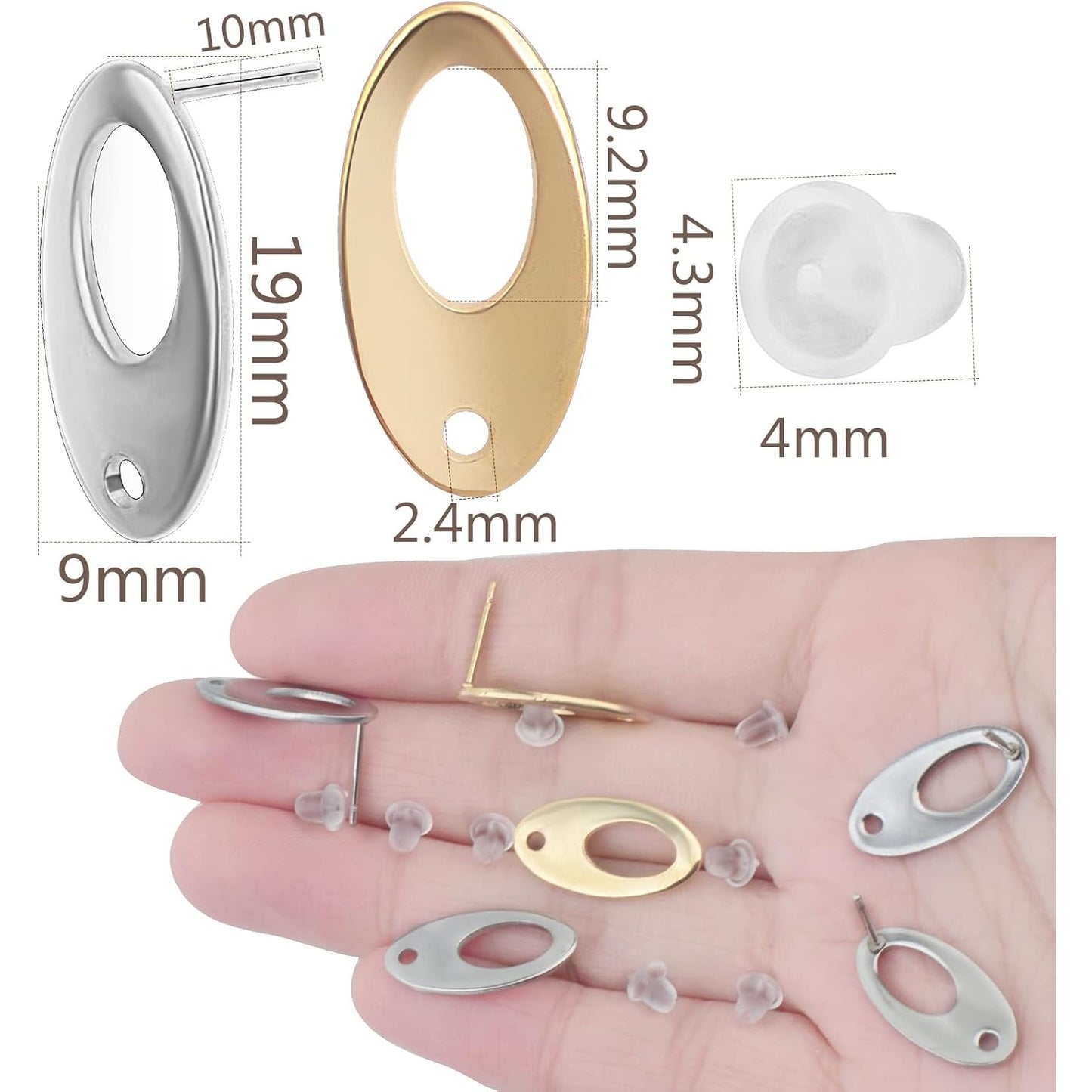 20pcs Oval Earring Posts with Hole Stainless Steel Stud Earrings Ear Pins Components Findings and 20pcs Clear Earring Backs for DIY Jewelry Making Birthday Party Gifts