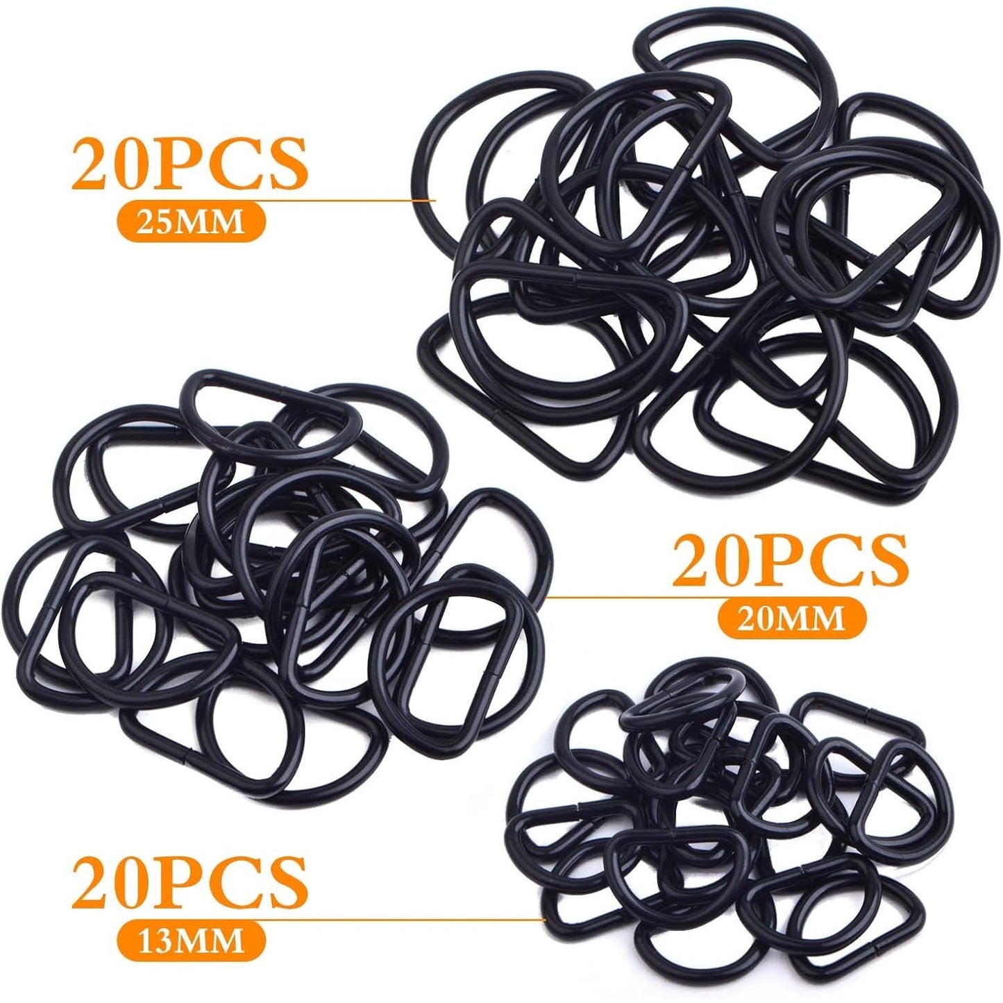 60pcs Black Semi-Circular D Rings Multipurpose Half Round D Rings Loop Buckle Hardware Accessories for DIY Luggage Handbag Purse Clothing Backpack Belt Sewing, 3 Sizes
