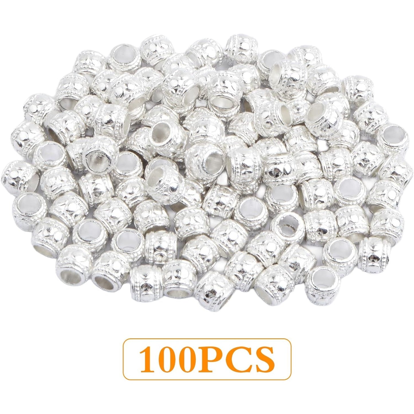 100pcs Alloy Round Column Spacer Beads Large Hole (4 mm) Tube Loose Beads Bulk Metal Spacers Craft Supplies for DIY European Bracelet Necklace Earrings Jewelry Making, Bright Silver