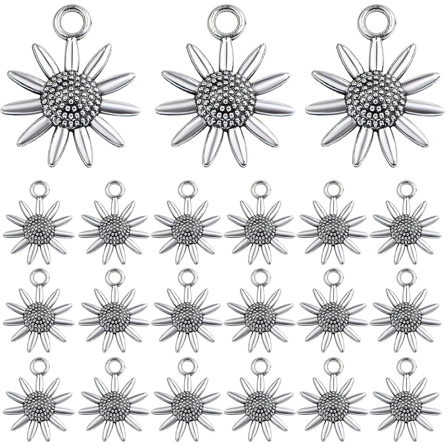 60 Pieces Antique Silver Lovely Sunflower Shaped Charms Vintage Alloy Daisy Flower Dangle Pendants Findings for DIY Necklace Bracelet Earrings Jewelry Making