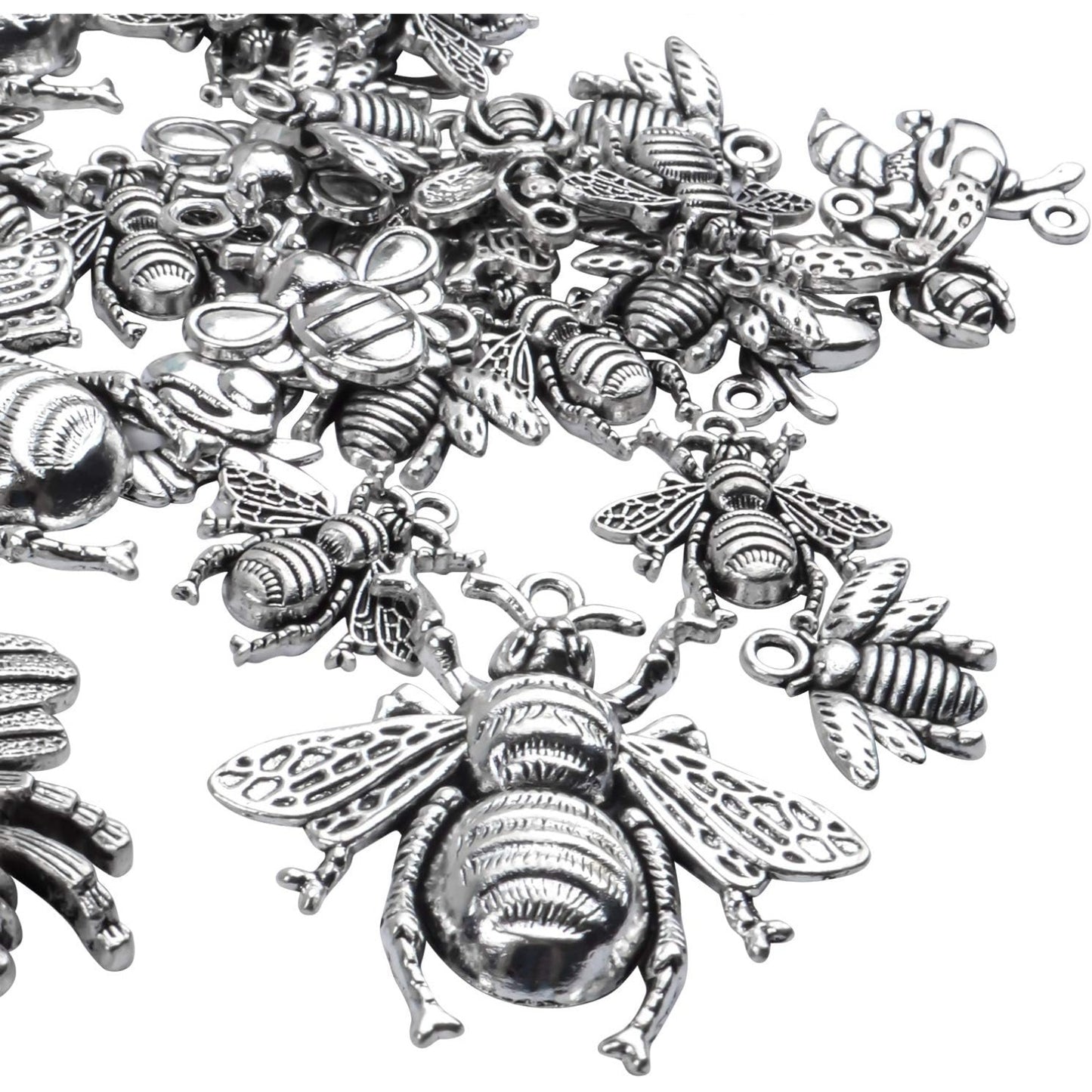 100g (30-60pcs) Antique Silver Mixed Honey Bee Charm Pendants Alloy Bee Pendant Flying Insect Charms Craft Supplies for DIY Necklace Bracelet Jewelry Making