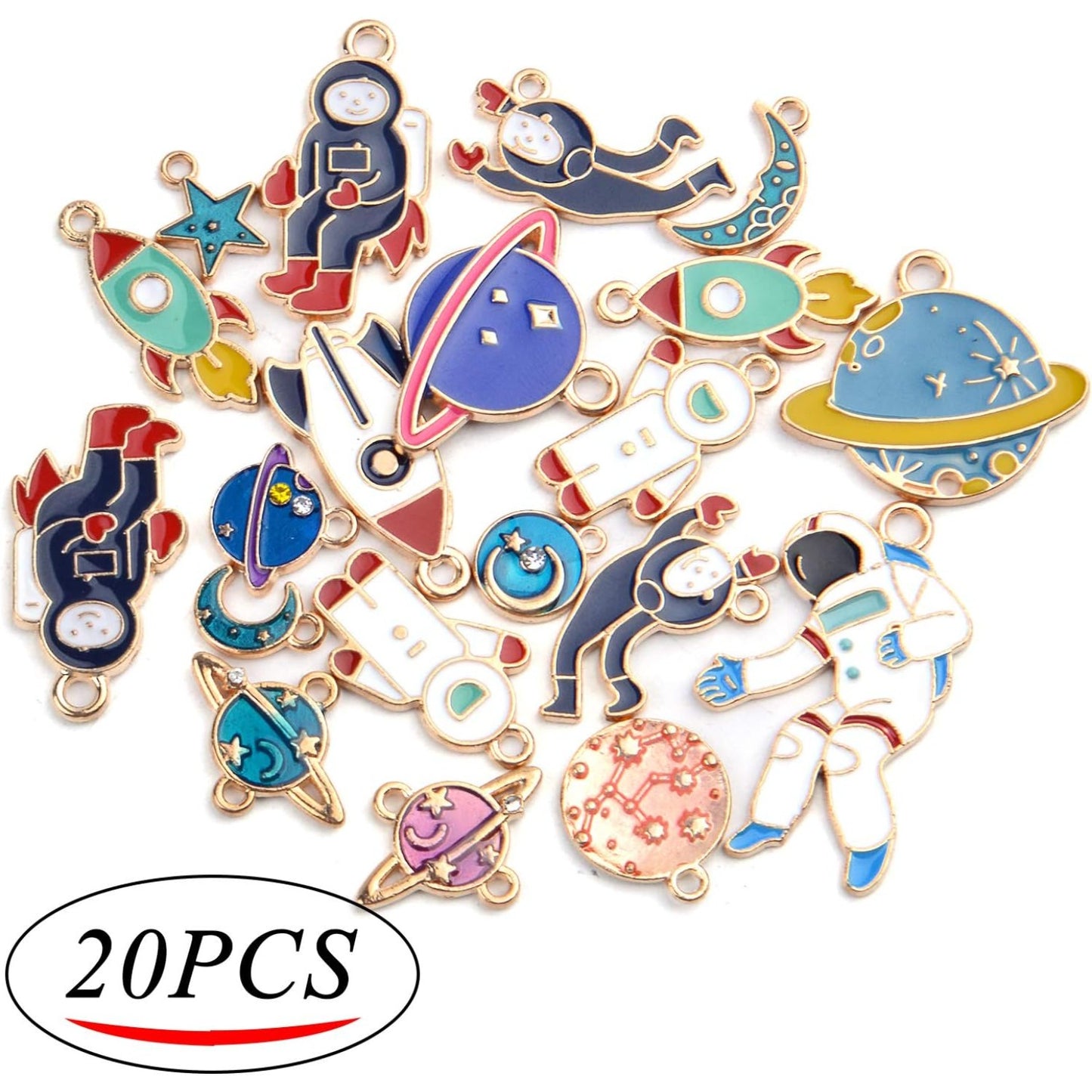 Space Themed Charms,20pcs Assorted Gold Plated Enamel Planet Astronaut Charm Pendant for Jewelry DIY Craft