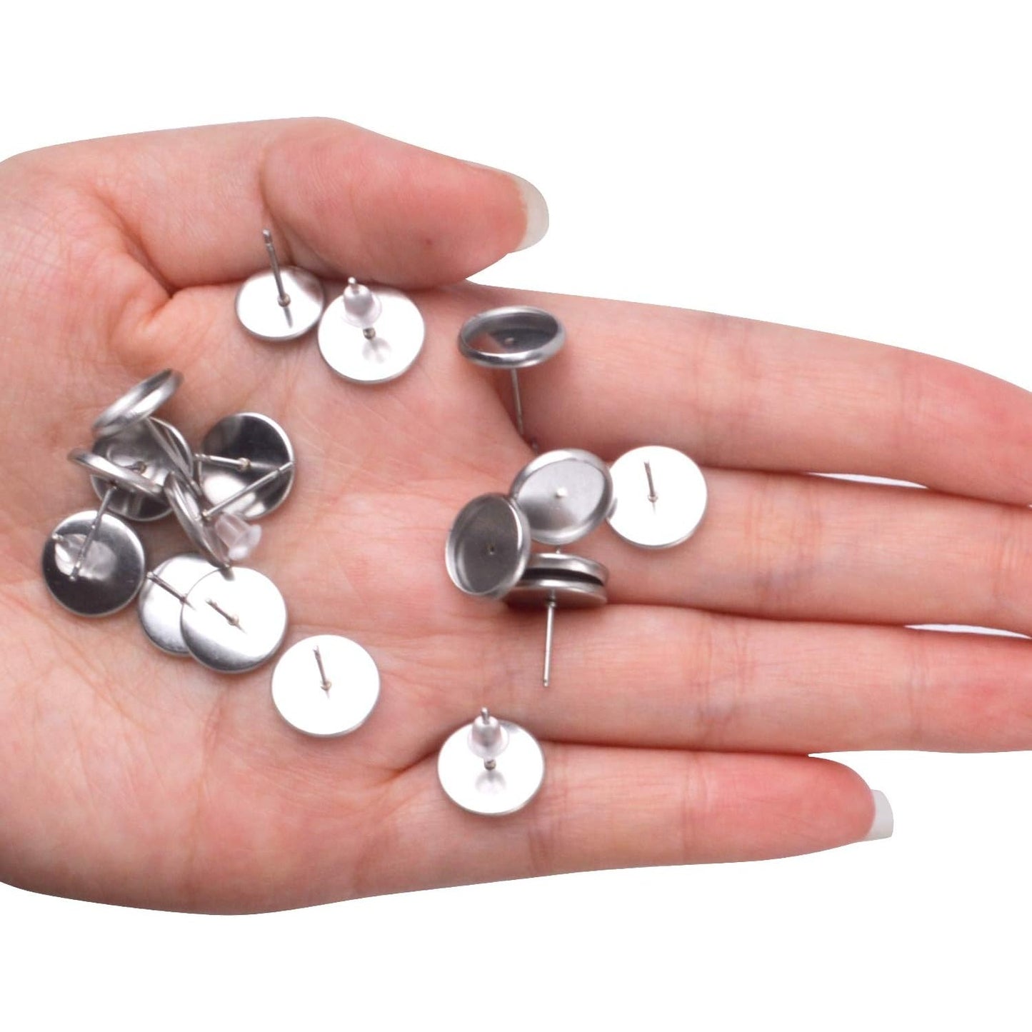 50 Pieces Stainless Steel Stud Silver Earring Cabochon Setting Post Cup for 10mm and 50 Pieces Clear Rubber Earring Safety Backs