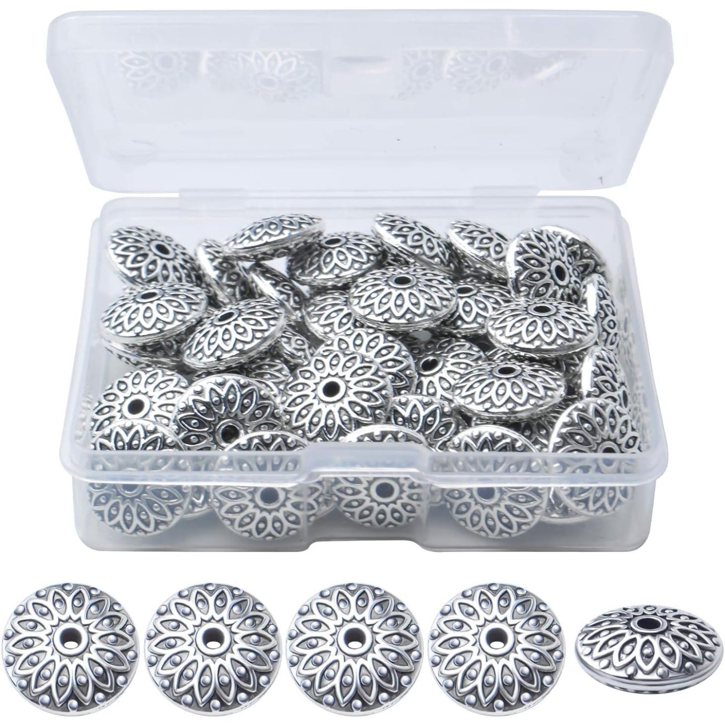 50pcs 11mm Tibetan Antique Silver Alloy Spacers Beads Round Spacer Bead Spacer Bead Charms Jewelry Spacers with A Box for DIY Jewelry Making Crafts Supplies