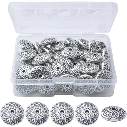 50pcs 11mm Tibetan Antique Silver Alloy Spacers Beads Round Spacer Bead Spacer Bead Charms Jewelry Spacers with A Box for DIY Jewelry Making Crafts Supplies