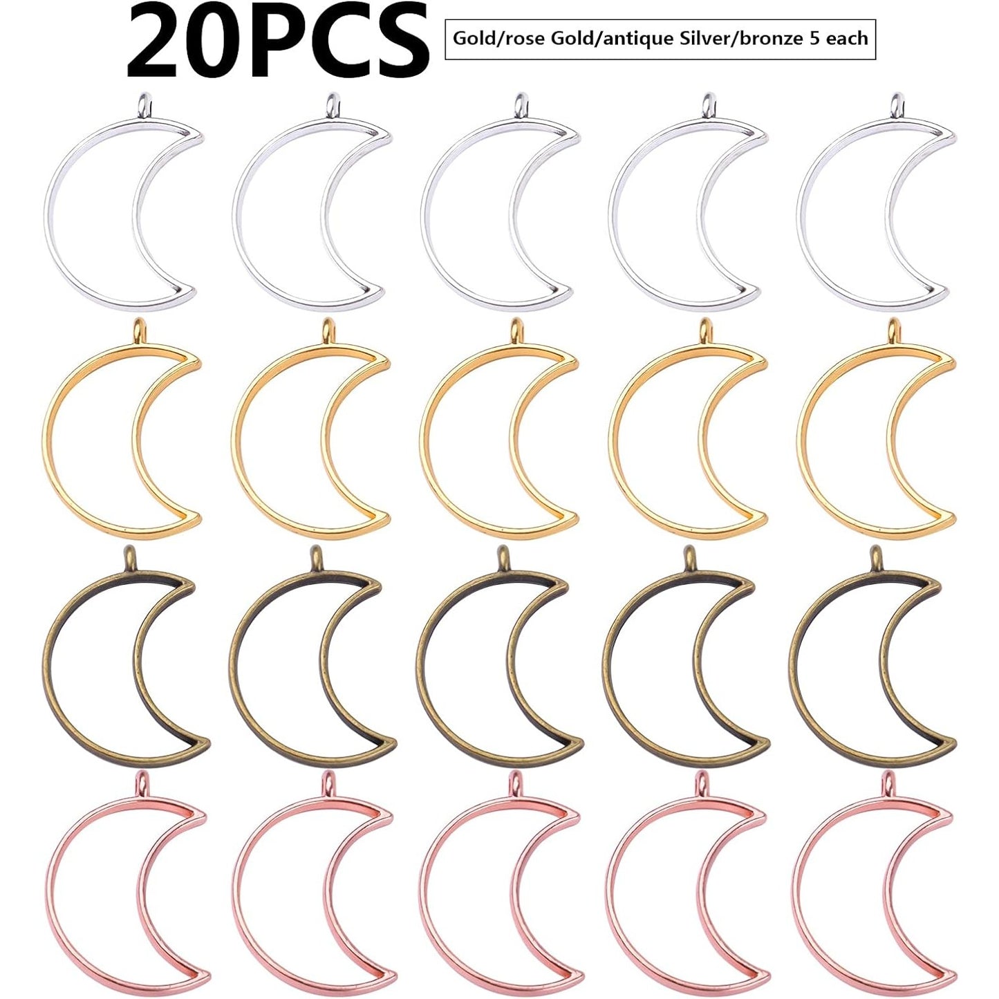 20pcs 4 Colors Moon Open Bezel Pendants Charms Crescent Charms Resin Molds Open Back Pendant Blanks Hollow Frame Pendants for Resin Jewelry DIY Crafts Making