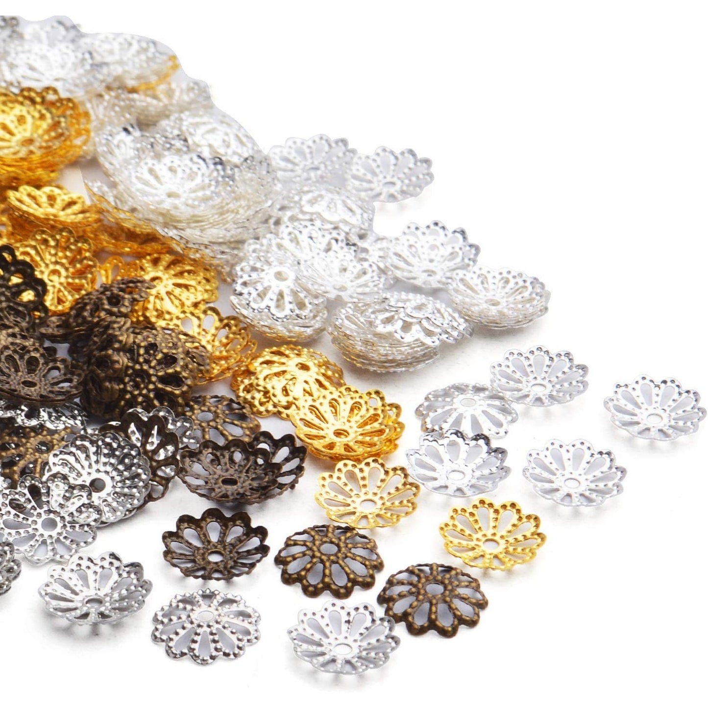 Flower Bead Caps,400pcs Tibetan Style Flower Shape Bead Caps Alloy Beads Caps Spacers for Bracelet Necklace Jewelry Making, White Golden, Golden, Silver, Antique Bronze, 9mm