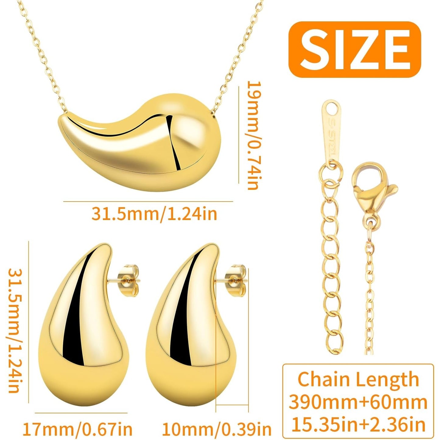 Titanium Steel Drop Shape Pendant Necklace Teardrop Earrings Sets Hypoallergenic 18K Golden Plated Waterdrop Necklace and Earring Studs for Women Gifts