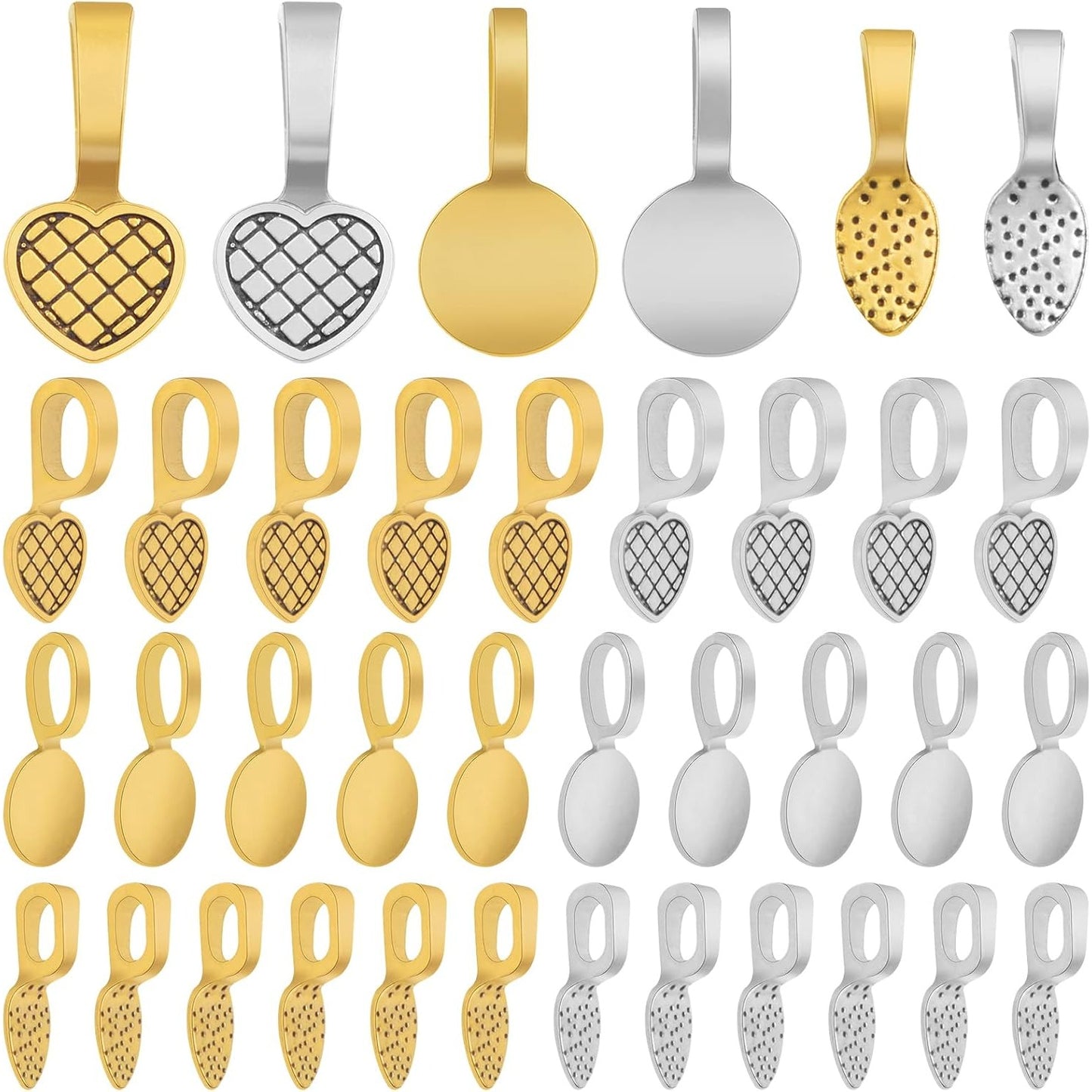120pcs 3 Styles Tibetan Glue-on Bail Pendants Alloy Flat Pad Pendant Bail Necklace Earring Cabochon Supplies for DIY Crafts Jewelry Making Findings, 2 Colors