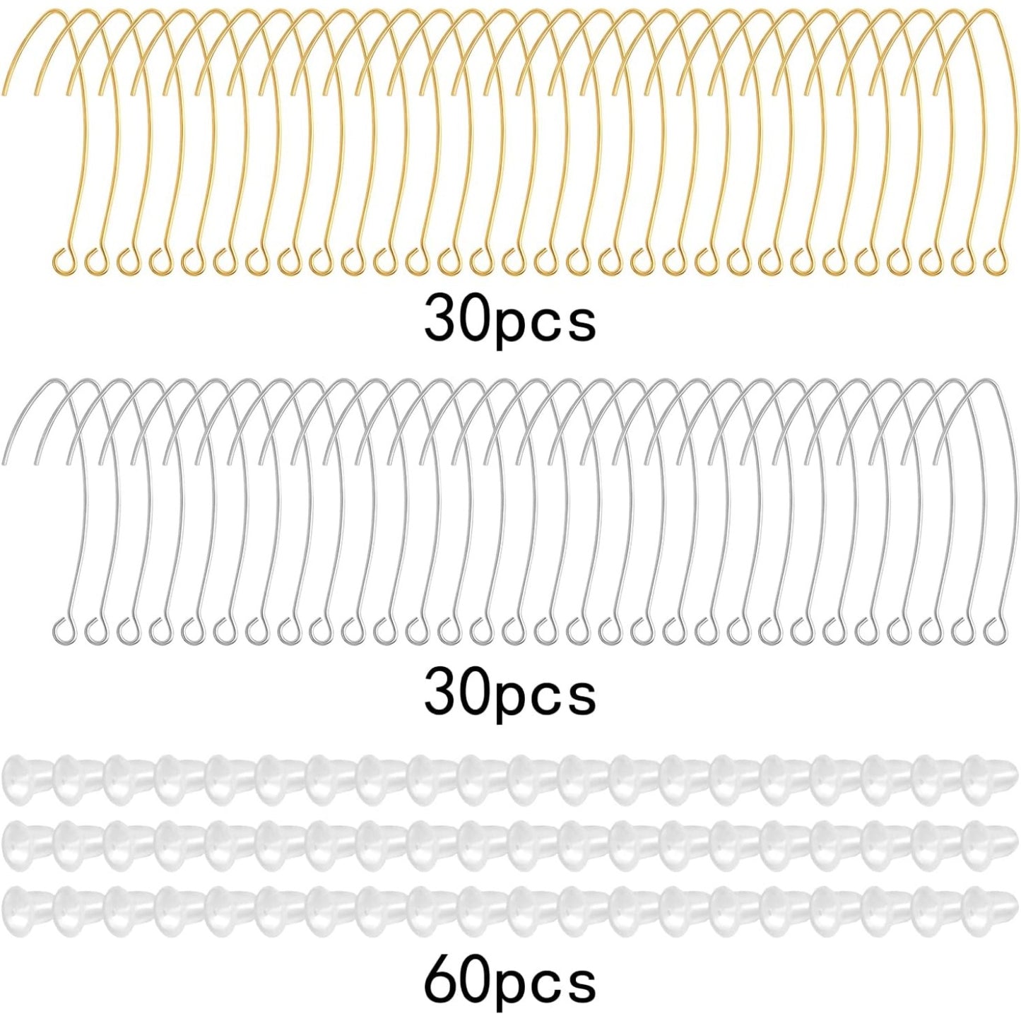 60pcs 2 Colors V Shape Earring Hooks Metal Ear Wires Drop Earring Hooks Components and 60pcs Clear Bullet Earring Backs for DIY Dangle Jewelry Making Findings