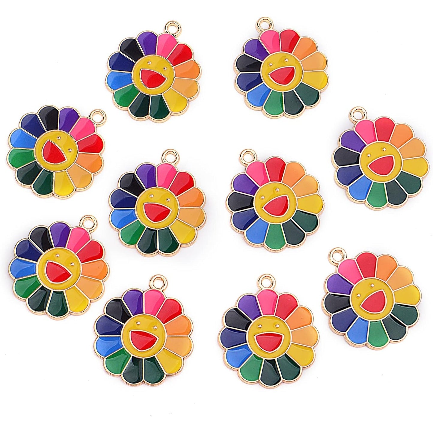 20pcs Alloy Smiley Sunflower Charms Colorful Enamel Smiling Happy Face Pendants Charms Handmade Accessories for DIY Jewelry Making Craft Supplies, 29 mm x 25 mm x 1.3 mm