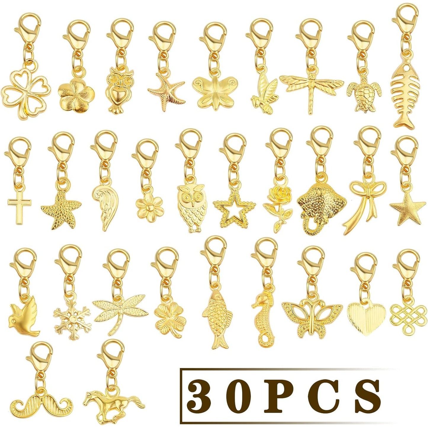 30 Pieces Golden Clip on Charm Pendants Mixed Styles Dangle Charms with Lobster Clasp Craft Supplies for DIY Earrings Jewelry Making Accessories