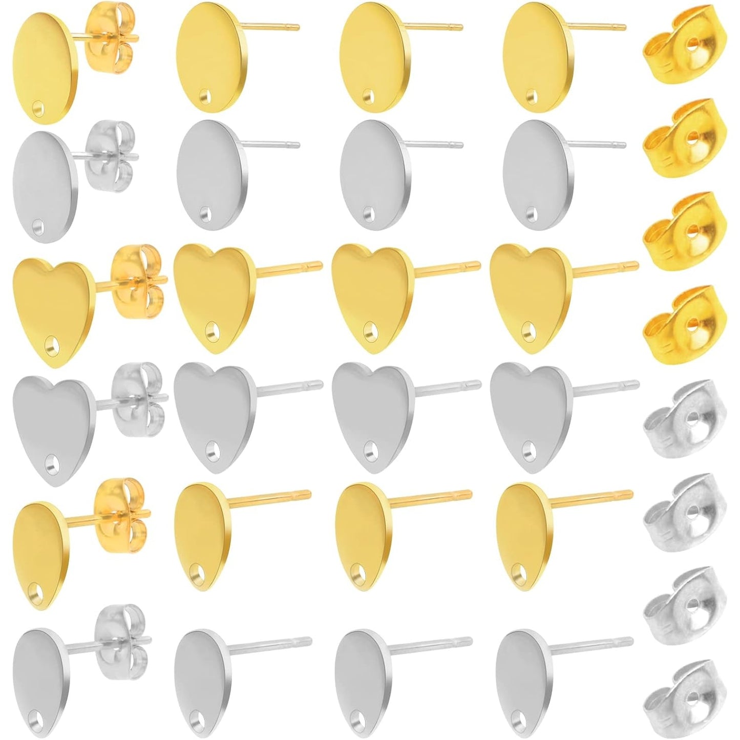 24pcs 3 Styles Stainless Steel Earring Posts with Loop Blank Round Heart Teardrop Shape Stud Earrings and 24pcs Butterfly Earring Backs for DIY Jewelry Making Supplies, 2 Colors