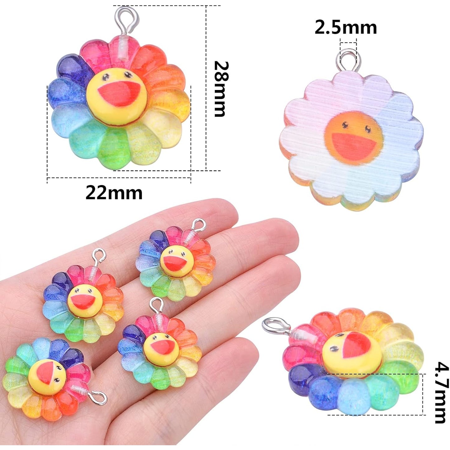 20pcs Smiley Face Sunflower Charms Pendants Resin Rainbow Flower Charms Jewelry Making Accessories for DIY Earrings Necklace Bracelet Keychains Craft Supplies, 28 mm x 22 mm