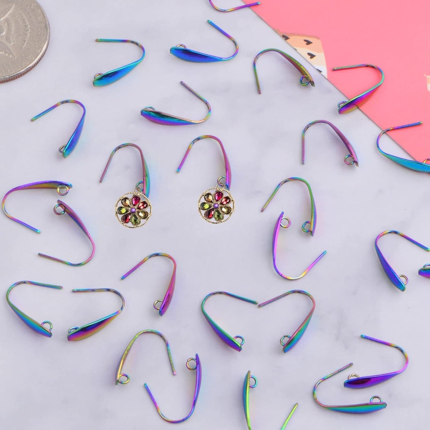 50pcs Stainless Steel Earring Hooks Hypoallergenic V Shape Ear Wires Hooks with Loop Earring Components for DIY Dangle Jewelry Making Findings, Rainbow Color