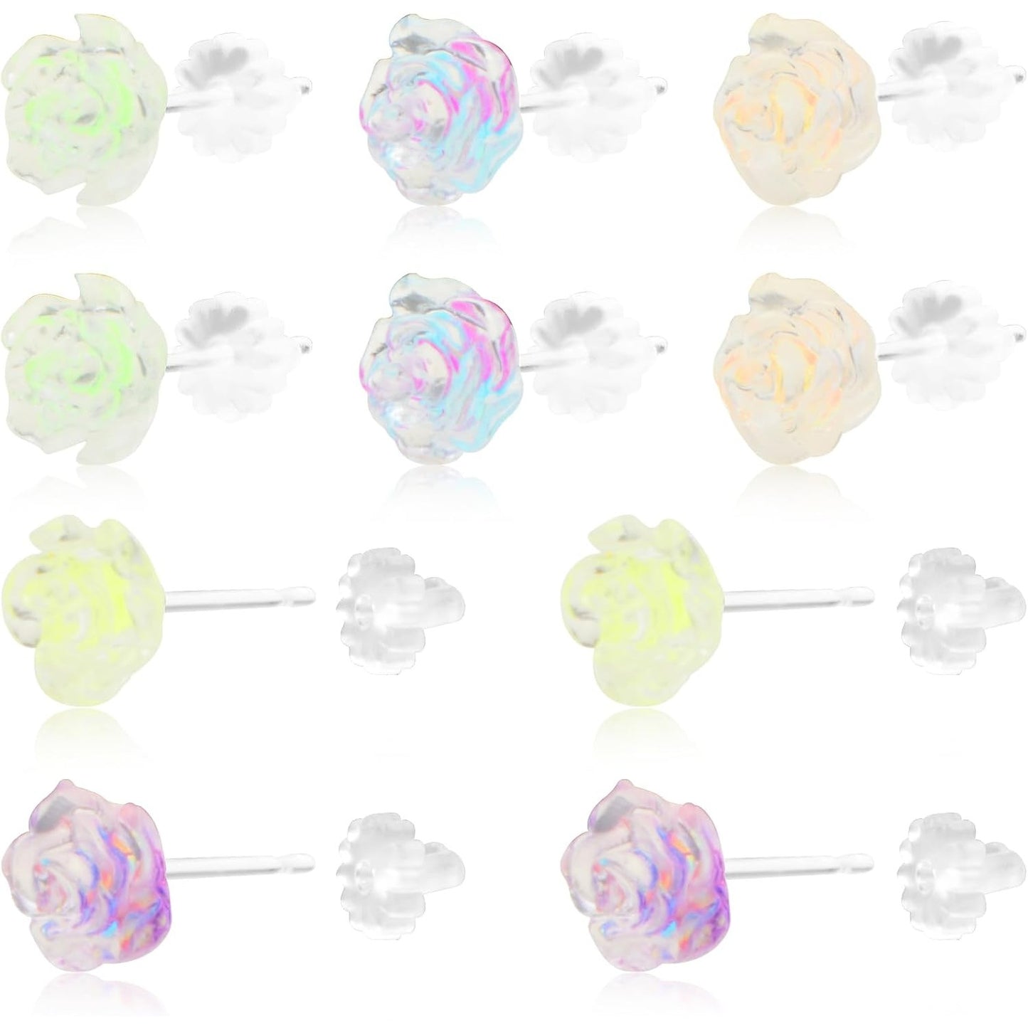 5 Pairs Plastic Camellia Stud Earrings Noble Flower Shaped Earring Pin Posts with Clear Earring Backs Kit for Sensitive Ears DIY Jewelry Making Supplies, 5 Colors