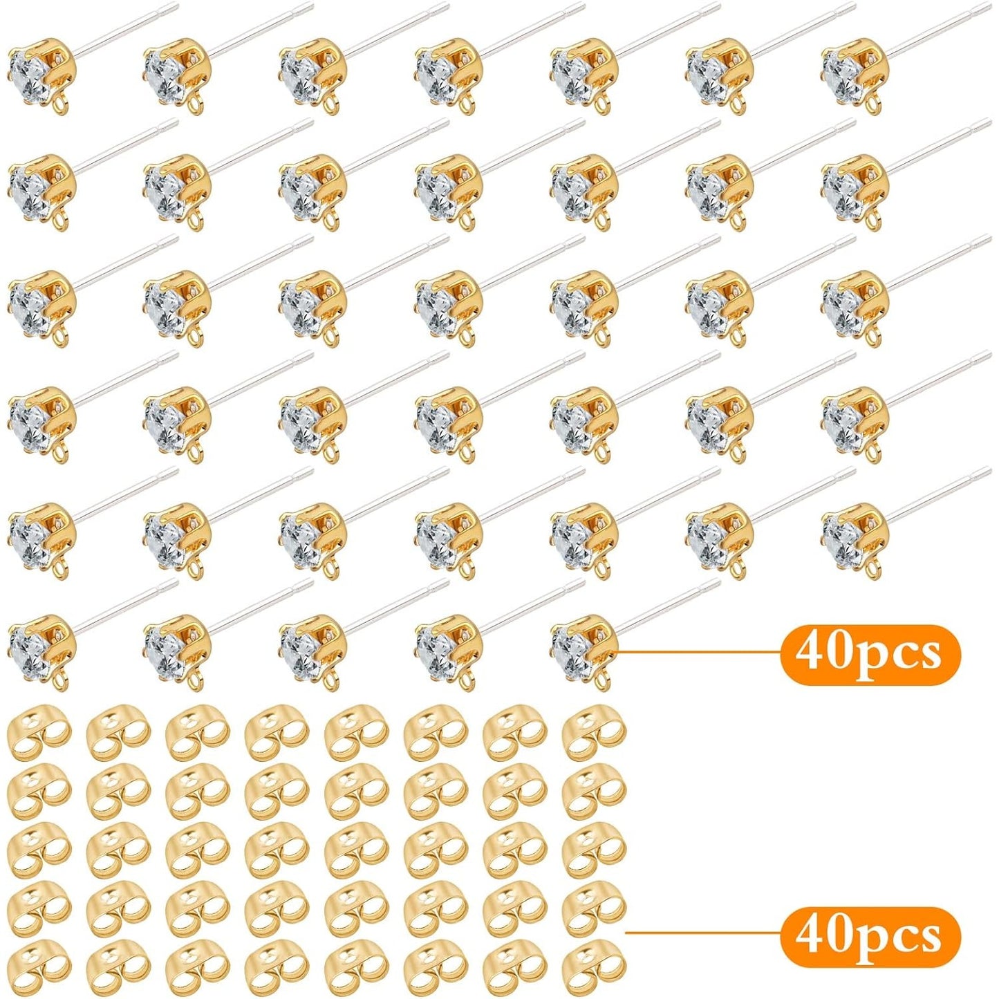 40pcs Rhinestone Earring Posts with Loop Hypoallergenic Cubic Zirconia Earring Studs and 40pcs Earring Safety Backs for DIY Jewelry Making Craft Decor, KC Golden