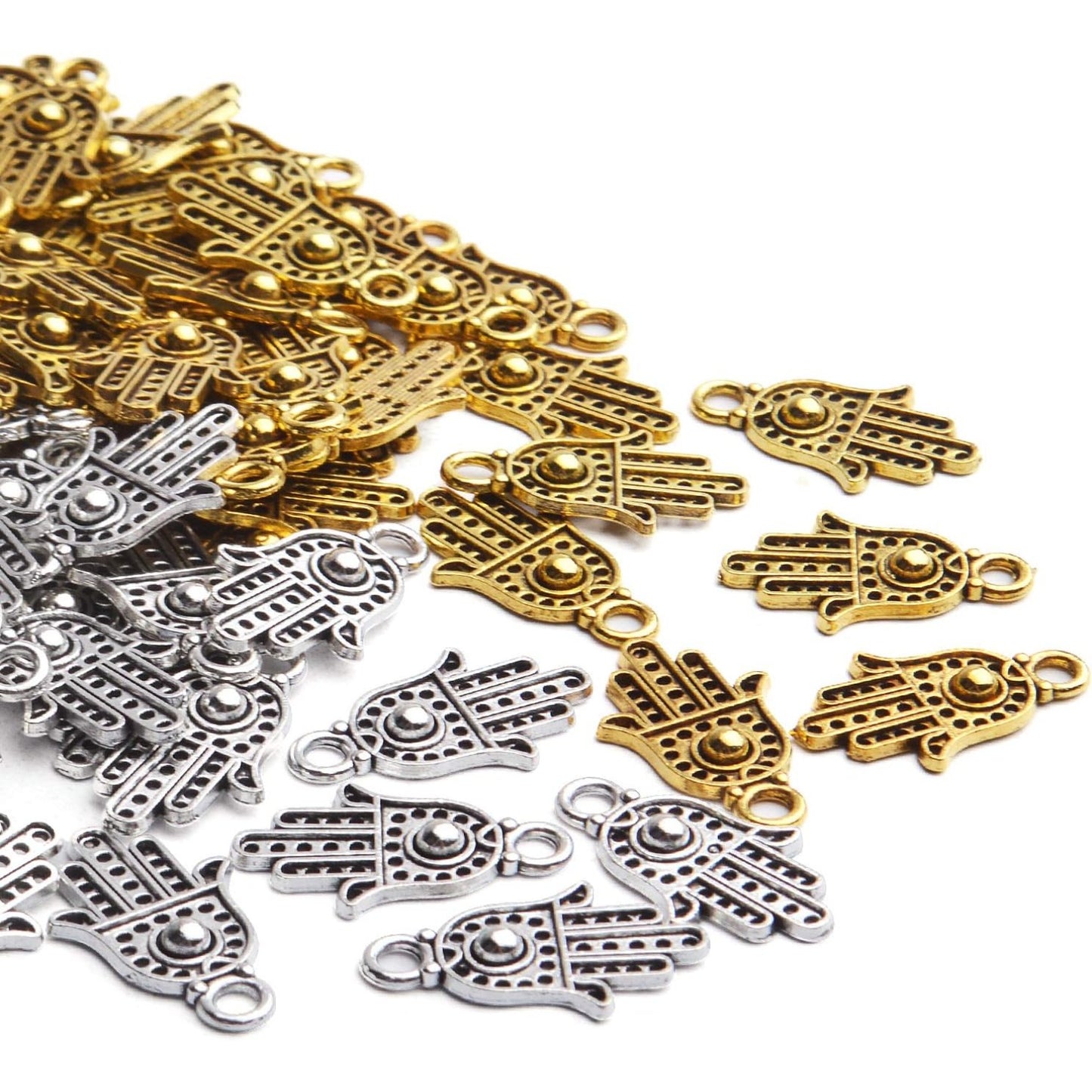 Hamsa Charms, 100pcs Antique Golden/Silver Hand Of Fatima Hamsa Hand Evil Eye Pendants Filigree Charms Jewelry Making Findings for DIY Necklace Bracelet Earrings Crafts, 12x19mm