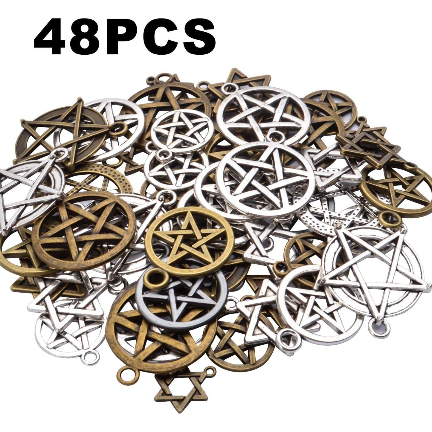 48pcs Mixed Pentagram Charms Round Star Pentacle Pendants Antique Jewelry Accessories for Necklace Bracelet Crafting