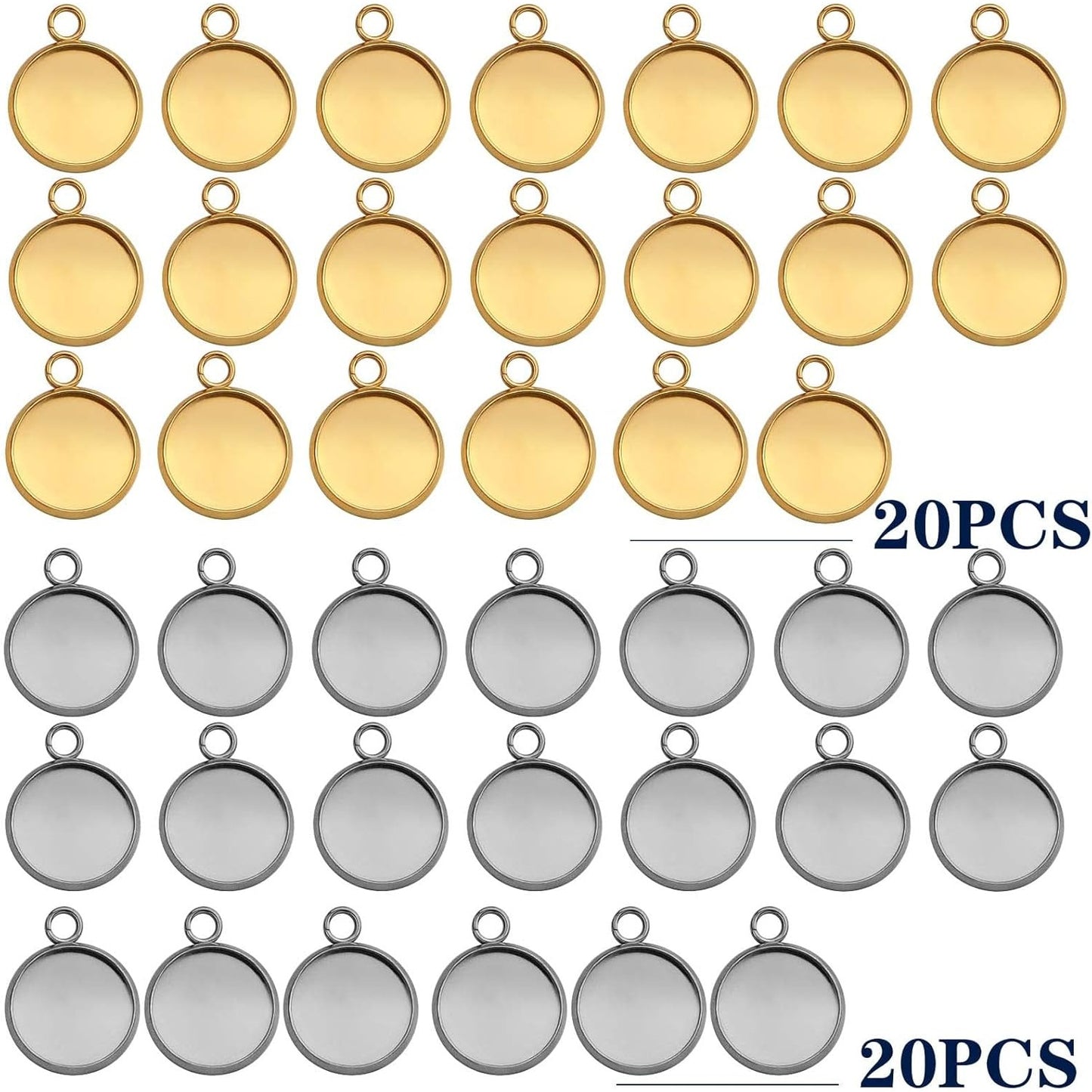 40 Pieces Stainless Steel Cabochon Settings Frame Pendant Trays Charms Fit 12 mm Flat Round Blank Bezel Trays for Cameo Pendants Photo DIY Jewelry Making, 2 Colors