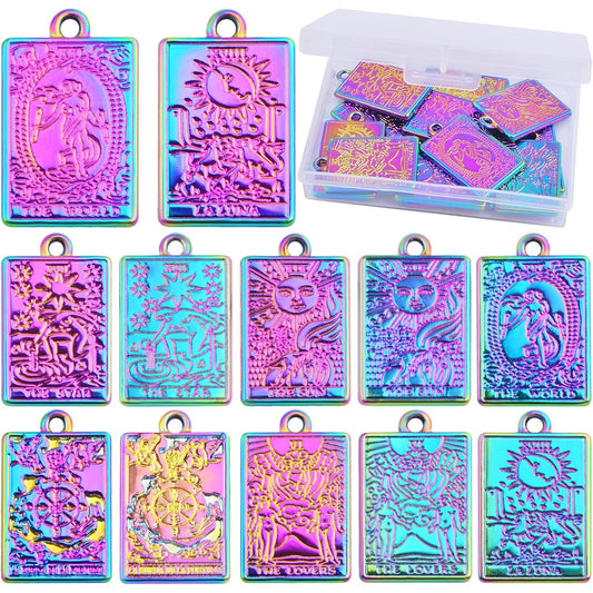 12pcs 6 Styles Tarot Card Charms Rectangle Alloy Tarot Pendants Wheel of Fortune Lovers World Sun Star Charms with a Box for DIY Bracelet Necklace Earrings Jewelry Making, Rainbow Color