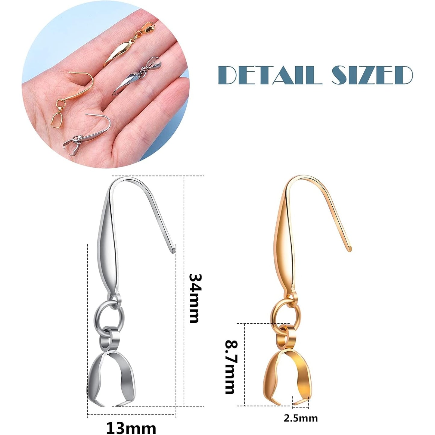 20pcs Stainless Steel Pendant Clasp Earring Hooks Ear Wire Buckle Hoops Fish Hooks Dangle Earrings for DIY Crafts Jewelry Making Accessories, Golden and Steel Color, 34 mm x 13 mm