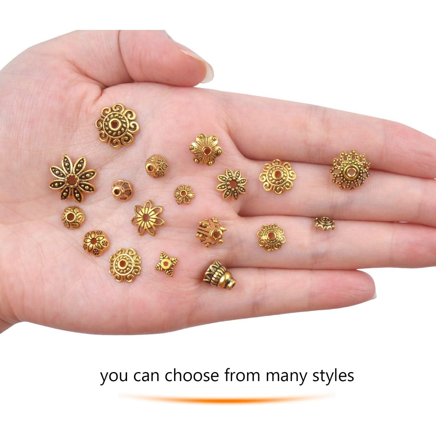 100 Gram(About 250-350pcs) Bali Style Jewelry Making Metal Bead Caps Deluxe New Mix,Antique Gold