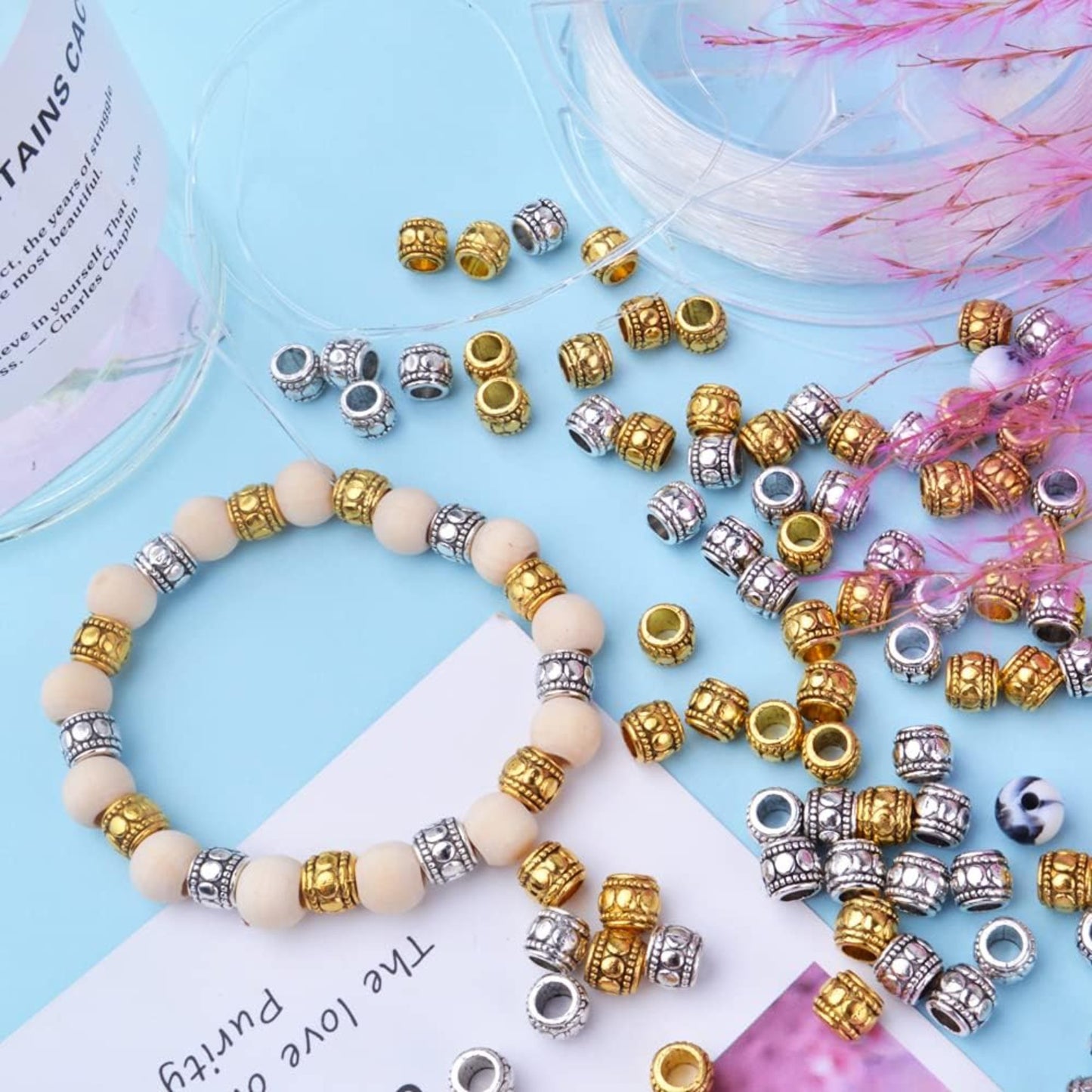 100pcs Tibetan Alloy Column Spacers Beads Vintage Barrel Beads Tube Spacers Loose Charm Beads for DIY European Bracelet Crafts Jewelry Making Findings, 7 mm x 6 mm, Hole: 3.8 mm