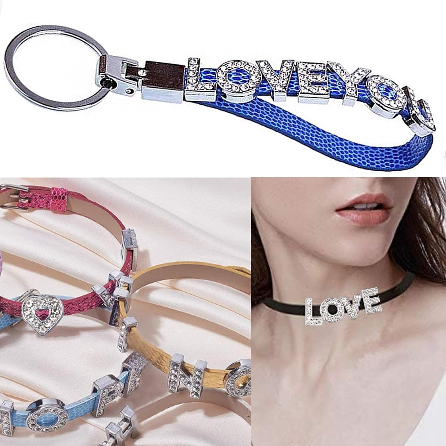 40pcs 8mm Full Rhinestones Slide Charms Alloy Crystal Alphabet Letters A-Z with Numbers 0-9 and Hearts for DIY Bracelets Wristbands Necklaces Jewelry Making Supplies, Sliver