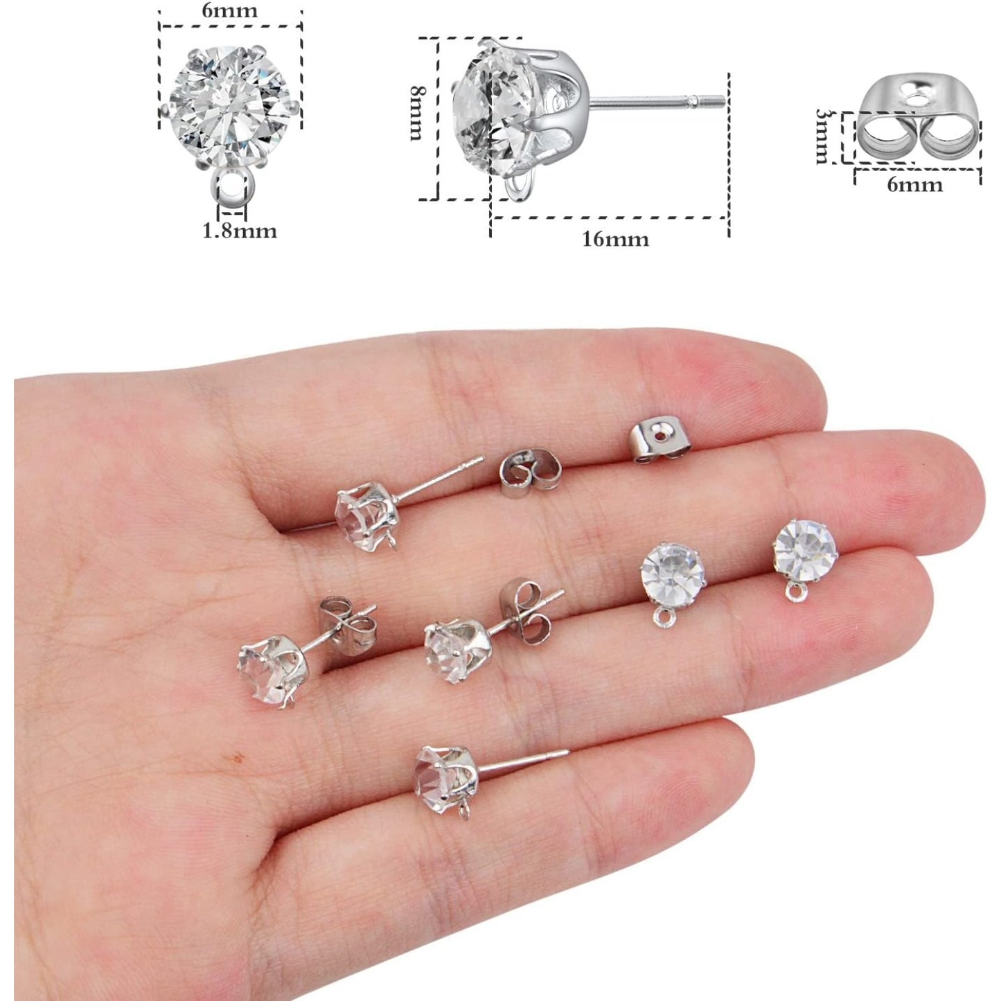 60pcs Zirconia Earring Posts with Loop Hypoallergenic Rhinestone Earring Studs and 60pcs Earring Backs Stoppers for DIY Jewelry Making Wedding Favor Gifts