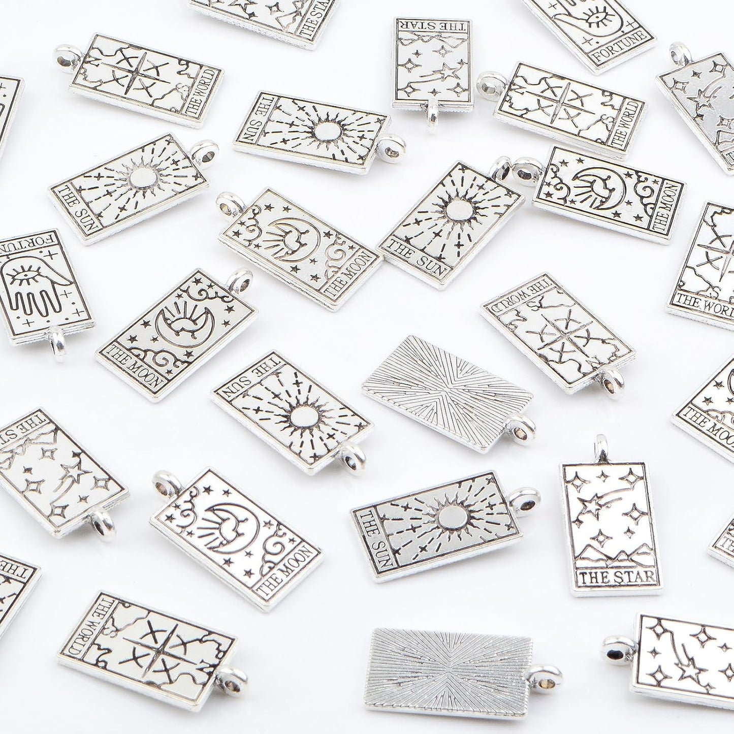 30pcs Antique Silver Rectangle Tarot Card Charms Vintage Alloy Sun Moon Star Fortune Good Luck Amulet Magic Dangle Pendants for DIY Earrings Jewelry Making Supplies, 5 Styles