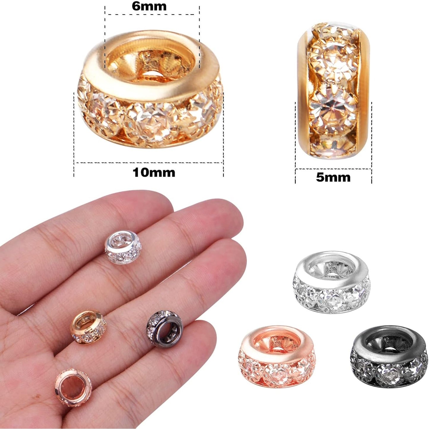 40pcs 4 Colors Crystal Rhinestone European Beads Large Hole Rondelle Spacer Beads Loose Beads for European Bracelet Snake Chain Jewelry Making Findings, 10 mm x 5 mm, Hole: 6 mm