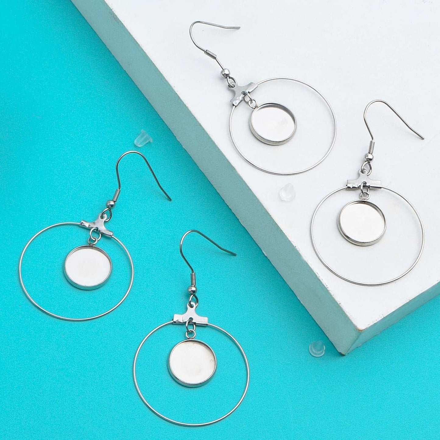 20pcs 12mm Stainless Steel Earring Bezel Trays Hypoallergenic French Ear Wire Hooks Earring Blank Bezels with 20pcs Clear Earring Safety Backs for DIY Dangle Jewelry Making Supplies