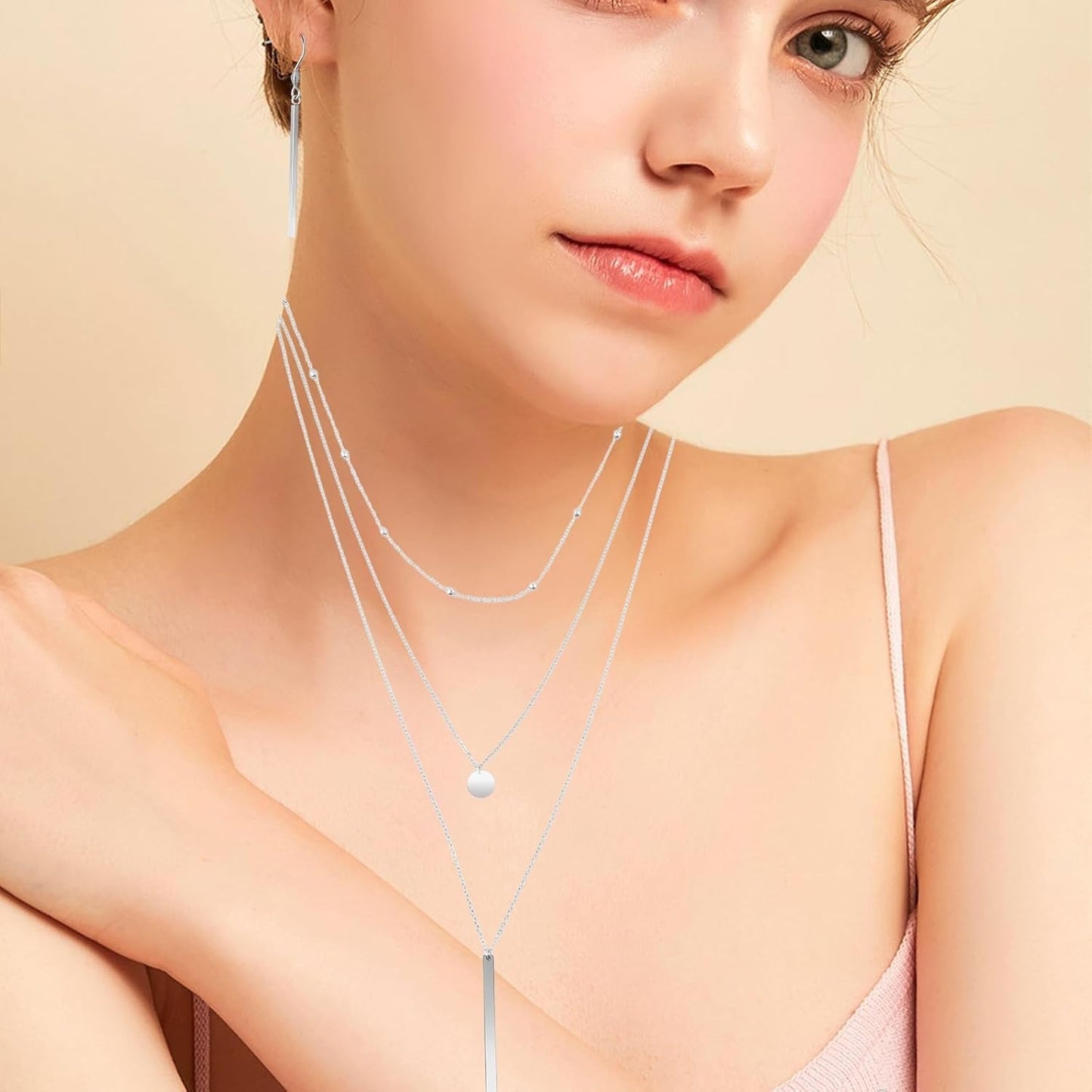 1 Set Stainless Steel Triple Layered Necklace Bead Chain Collars Long Necklace Chokers Coin Long Bar Pendant Necklaces Collars and 1 Pair Bar Pendant Earrings for Women Gift