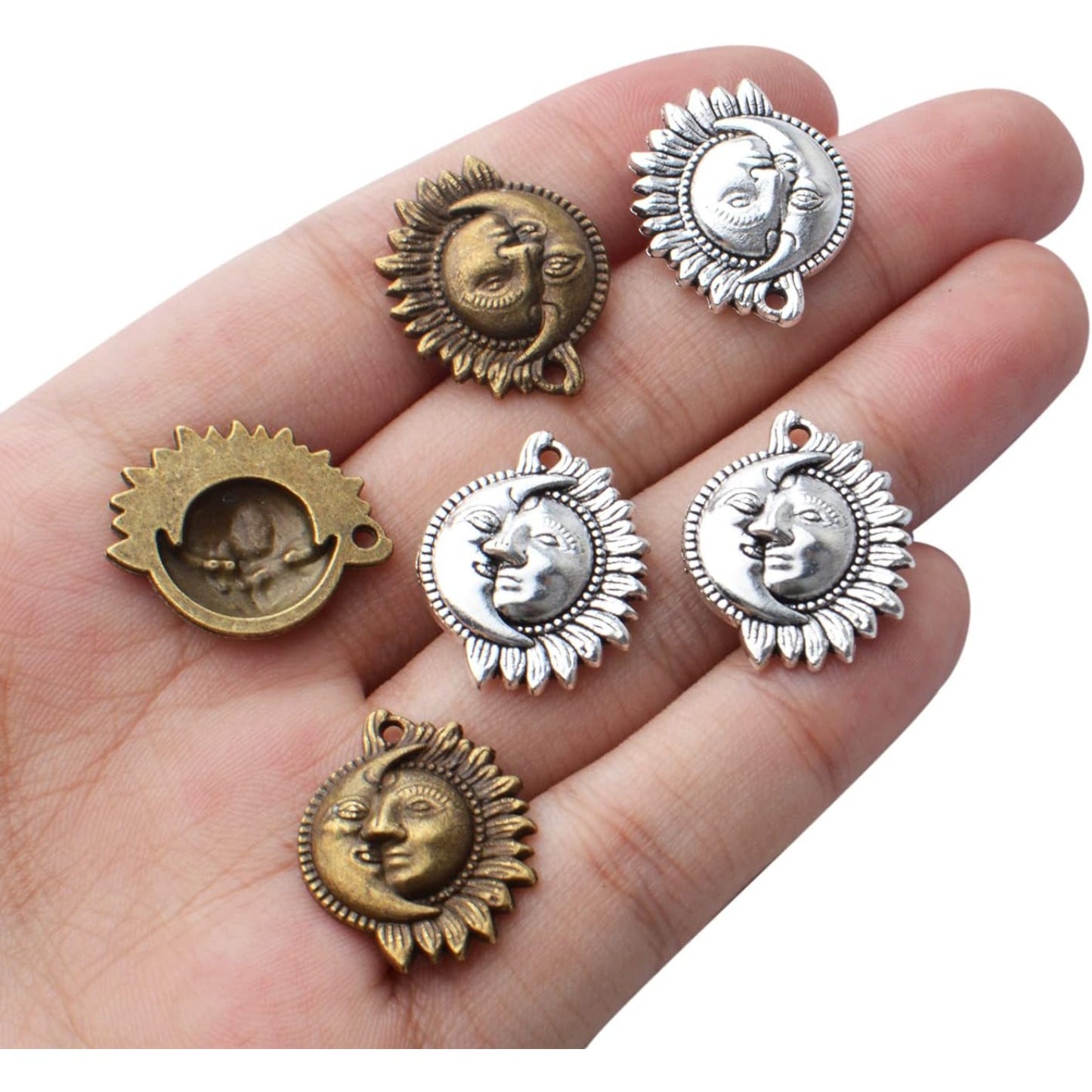 50pcs Sun and Moon Charms Pendants Alloy Sun Smile Celestial Craft Supplies for Necklace Bracelet DIY Jewelry Making Accessories
