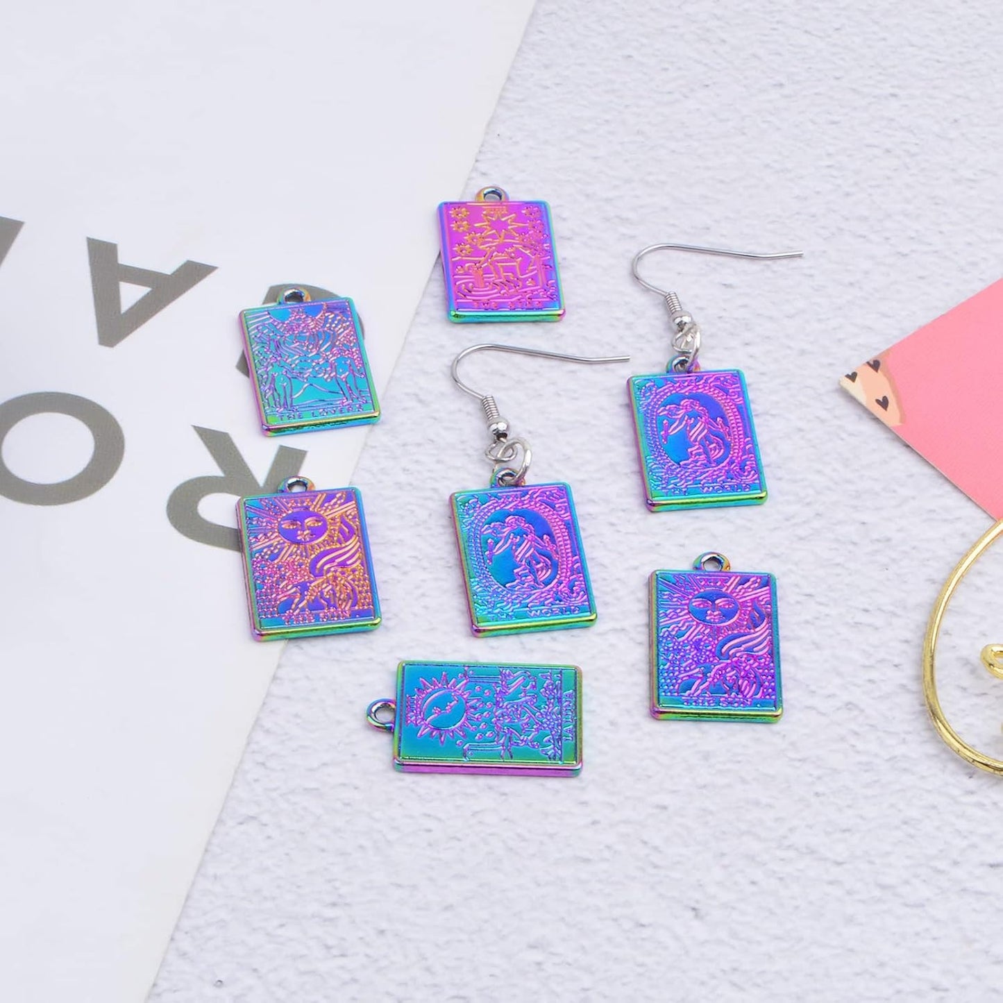 12pcs 6 Styles Tarot Card Charms Rectangle Alloy Tarot Pendants Wheel of Fortune Lovers World Sun Star Charms with a Box for DIY Bracelet Necklace Earrings Jewelry Making, Rainbow Color