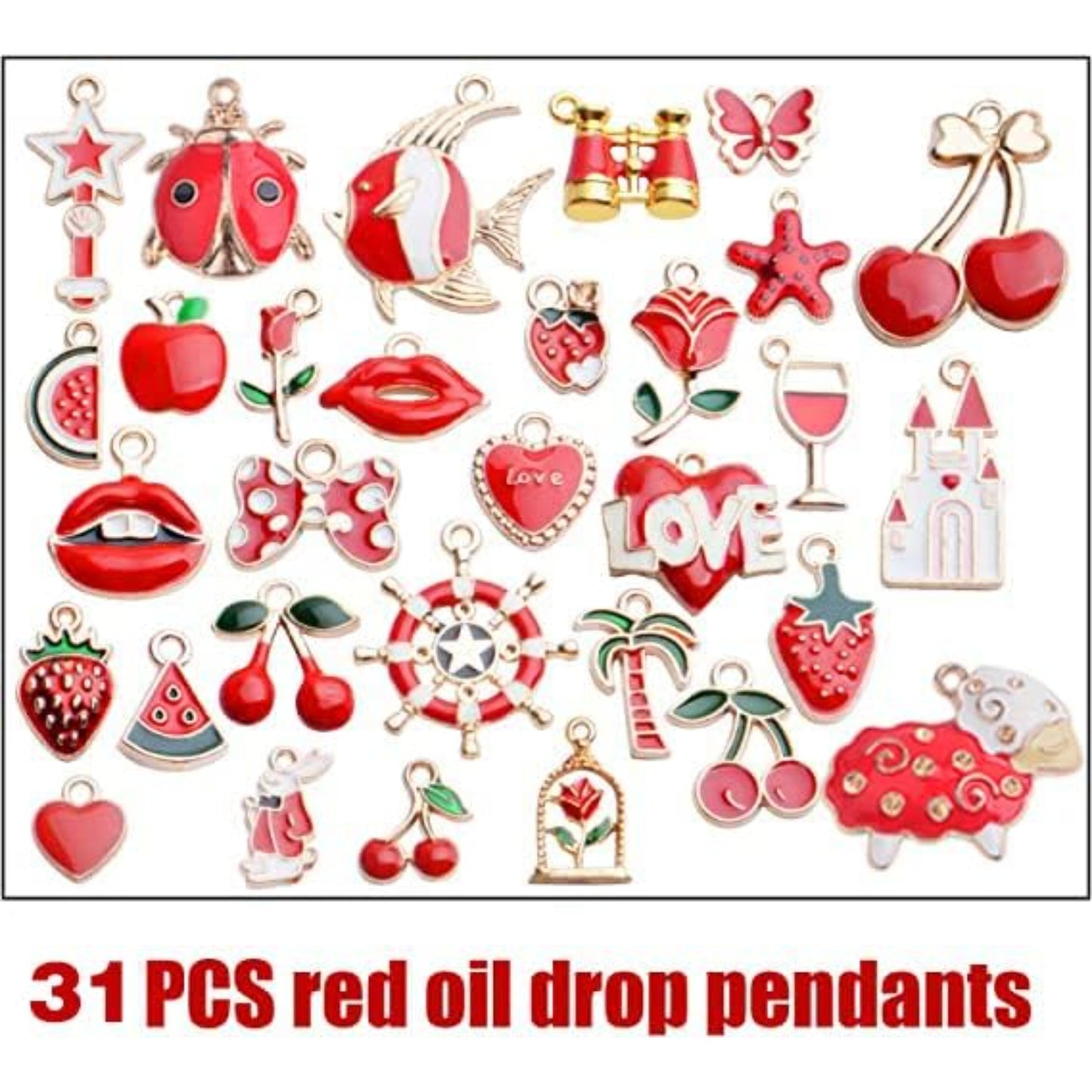 Enamel Charms,31pcs Red Theme Mixed Cute Enamel Charms Gold Plated Enamel Pendants Star Fruit Flower Charms for Making Jewelry Necklace Bracelet Earring