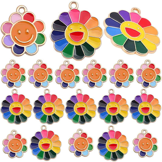 20pcs 2 Sizes Colorful Smiley Sunflower Charms Alloy Enamel Sunflower Smiling Happy Face Dangle Pendants Jewelry Accessories for DIY Bracelet Necklace Earrings Crafts