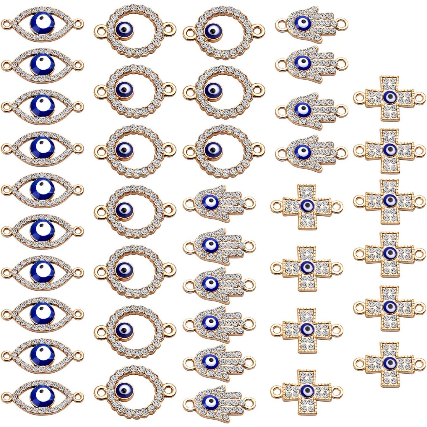 40pcs Evil Eye Connectors Pendants Bracelet Rhinestone Connector Bead Charms Round Cross Hand Eye Forms for Bracelet Necklace Crafts DIY,Gold