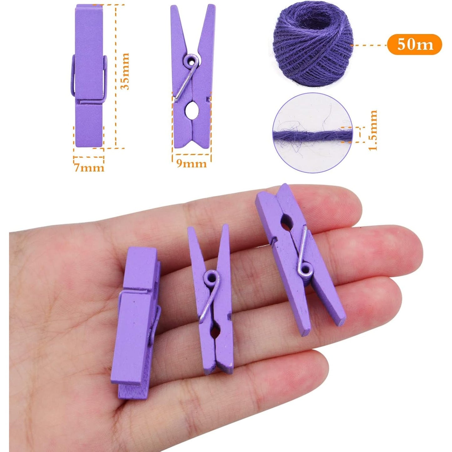 50pcs Purple Mini Wooden Pegs Pins Hardwood Photo Clips Clothespins Non Slip Laundry Pegs with 1 Roll Natural 50 M Jute Twine for Paper Photo Hanging Arts Crafts Decor