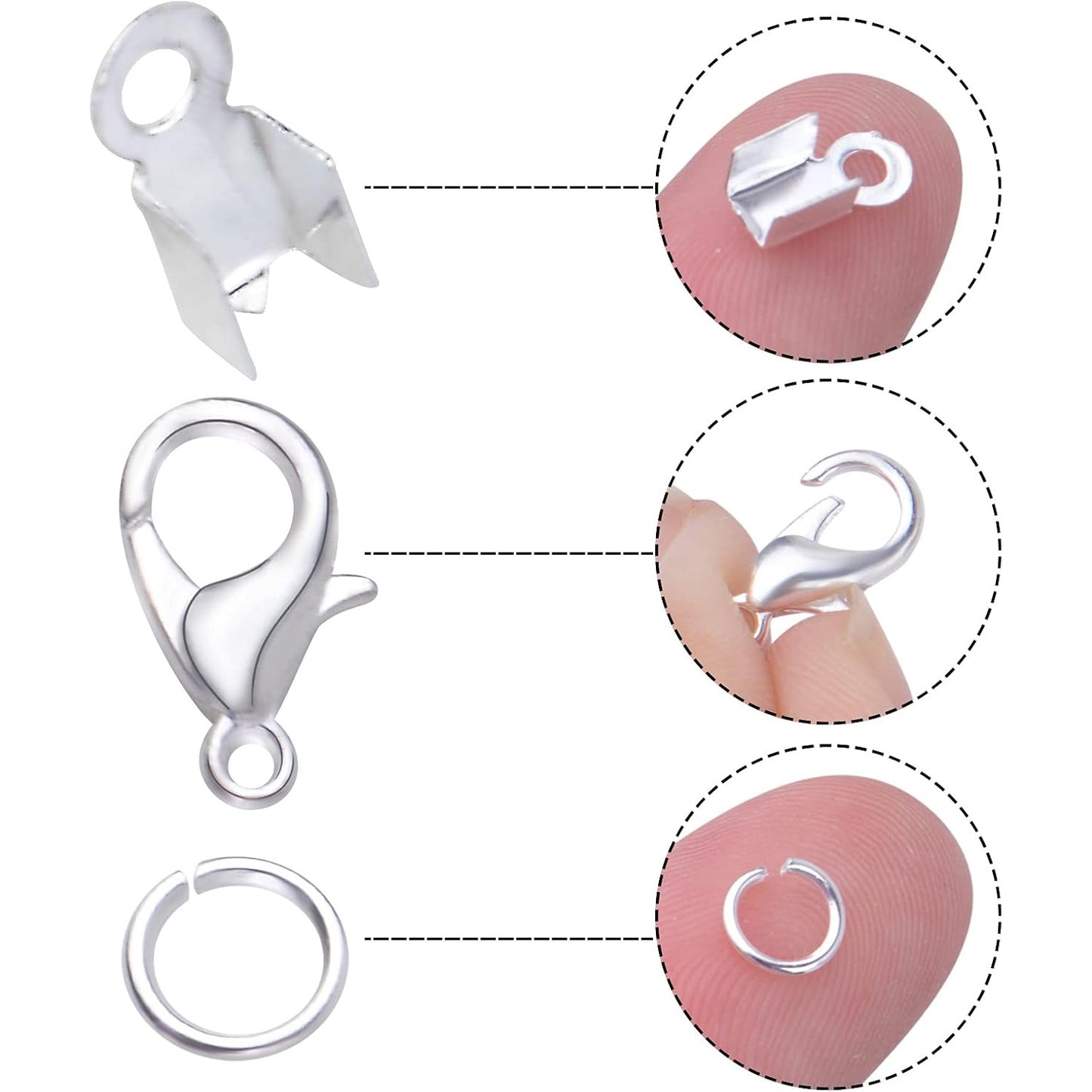 500pcs Silver Jewelry Making Accessories Kit, 200pcs Fold Over Cord End Caps Crimp End Tips, 200pcs Open Jump Rings and 100pcs Lobster Claw Clasps for Leather Ribbon Jewelry Making Findings