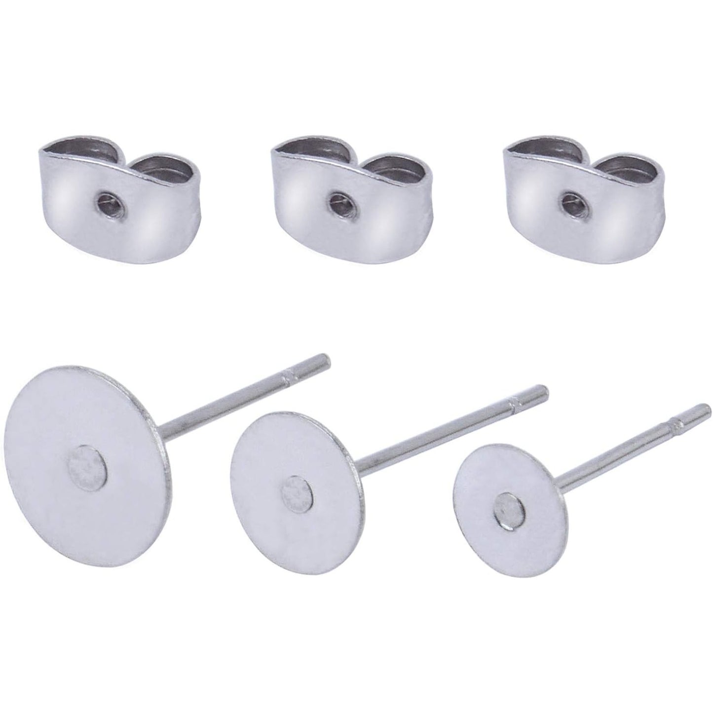 150 Pairs 3 Sizes Glue On Earrings Posts Flat Post Pad with Butterfly Earring Backs Earring Pin Stud Findings Blank for Earrings Making