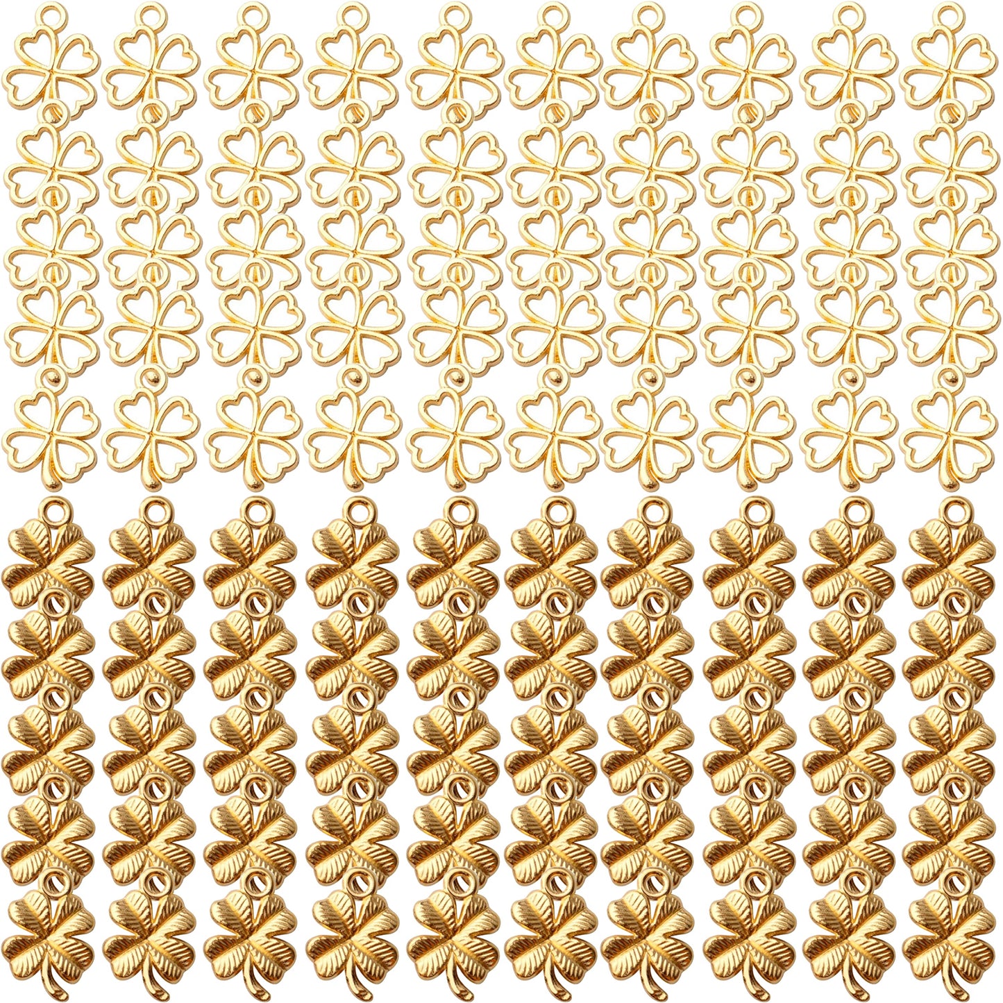 100pcs 2 Styles Alloy Four Leaf Clover Charms Lucky Charms Pendents for DIY Bracelet Necklace Jewelry Making Findings, Gold and Antique Silver