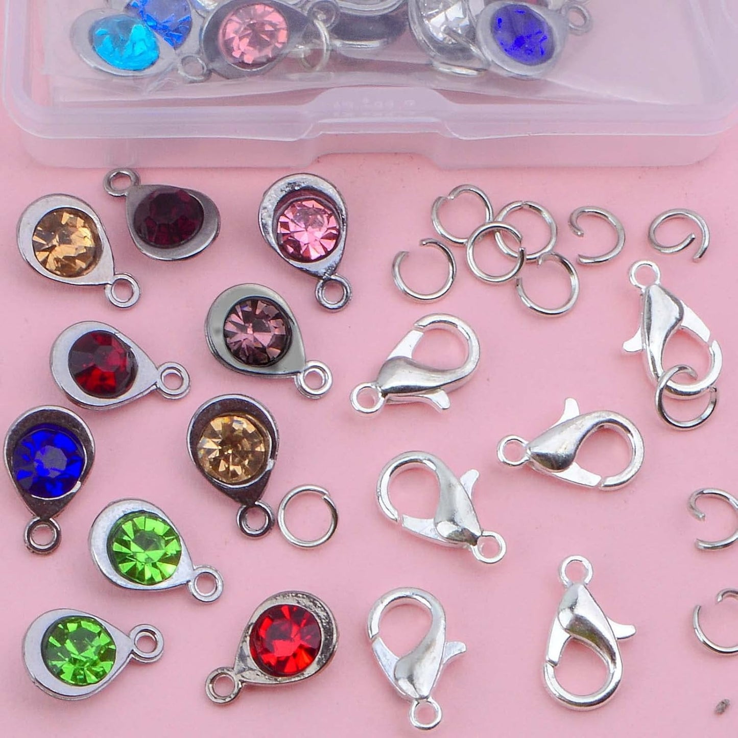 24pcs 12 Colors Crystal Birthstone Charms with 24pcs Metal Lobster Clasps and 24pcs Jump Rings Teardrop Shape Crystal Glass Dangle Pendants for DIY Necklace Earring Jewelry Making